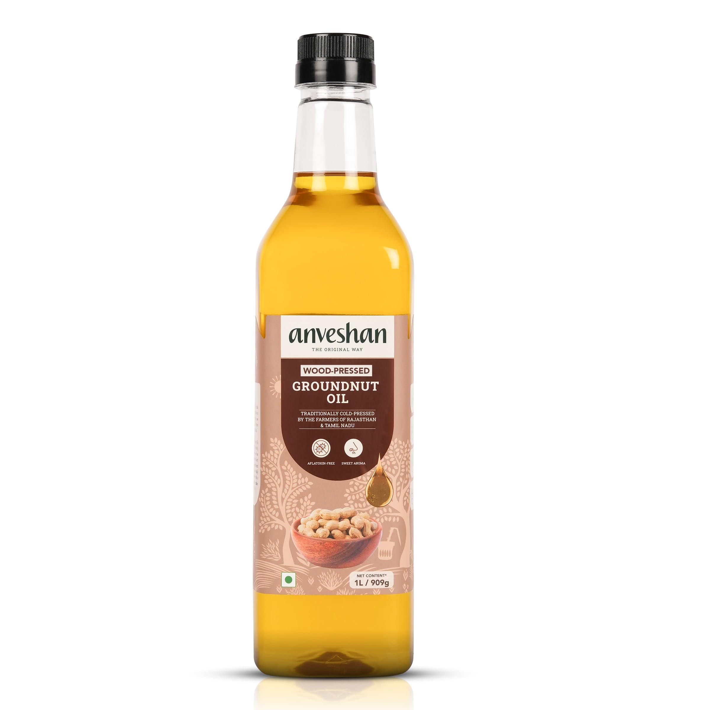 Anveshan Empowering farmers with technology Anveshan Wood Pressed Groundnut Peanuts Oil 1 Litre | Plastic Bottle | Kolhu/Kacchi Ghani/Chekku/Ganuga | Peanut Oil | Natural | Chemical-Free | Cold Pressed Groundnut Oil for Cooking