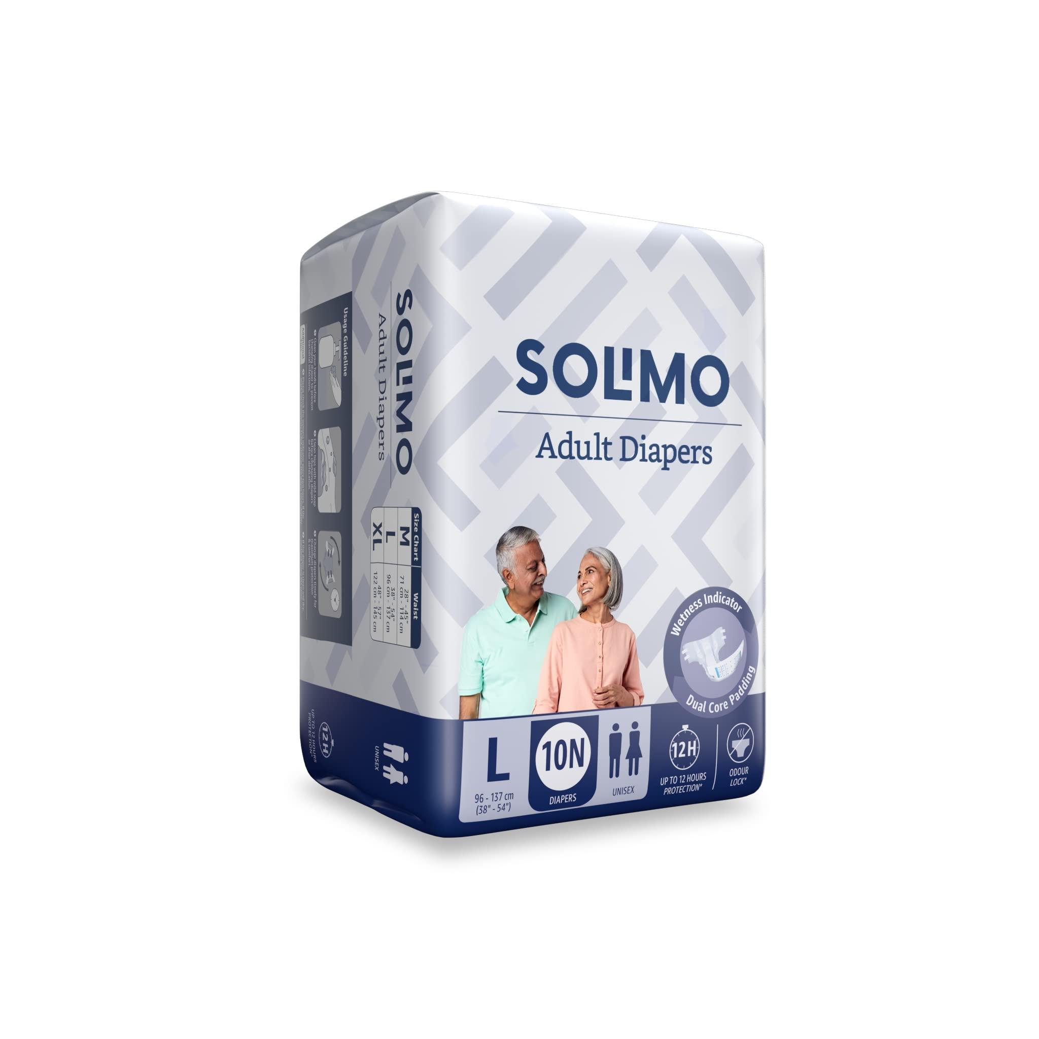 Amazon Brand - Solimo Amazon Brand - Solimo Adult Diapers, Tape Style | Pack of 10 | Large Size | Waist 38-54 in (96-137 cm) | Unisex | Quick Absorption | Leak Proof Upto 12 Hours | Wetness Indicator | For Men & Women