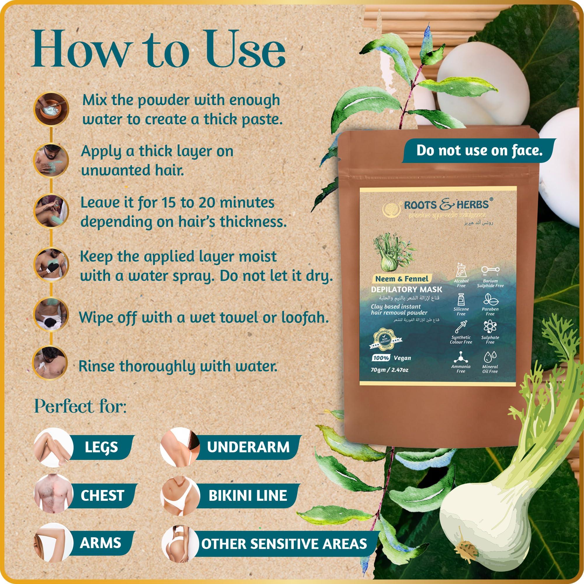 ROOTS AND HERBS ROOTS AND HERBS Vegan Hair Removal - Neem and Fennel Depilatory Mask - Men and Women's Facial Hair Removal for sensitive skin, Organic Hair remover, Pubic, Bikini, Leg Mask, Powder Waxing (7.05 Ounce)