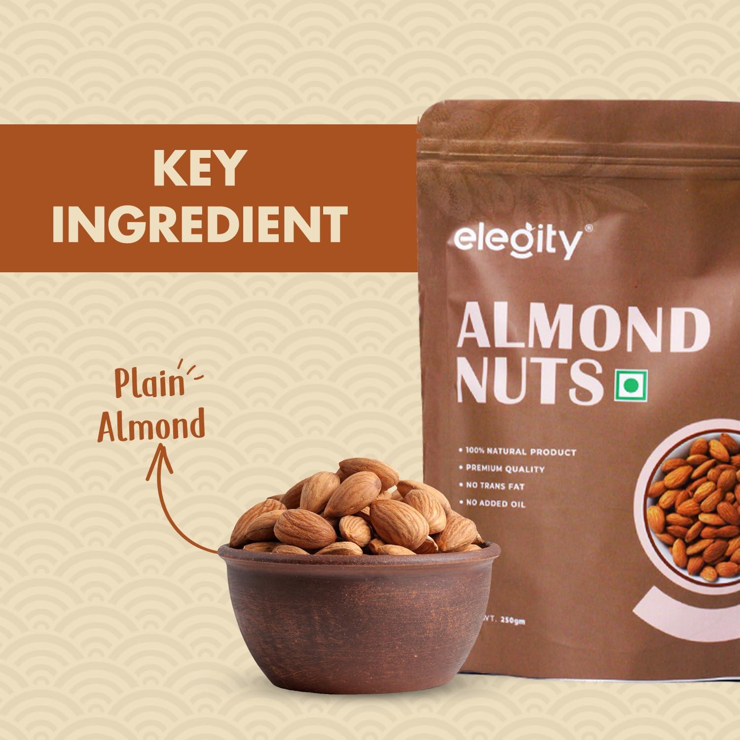 ELEGITY Elegity 100% Natural Plain California Almonds Pouch 250 gm | Nutritious & Delicious Badam | High in Fiber & Boost Immunity | Rich in Protein, Tasty Nuts | No Preservatives Added in Dry Fruit