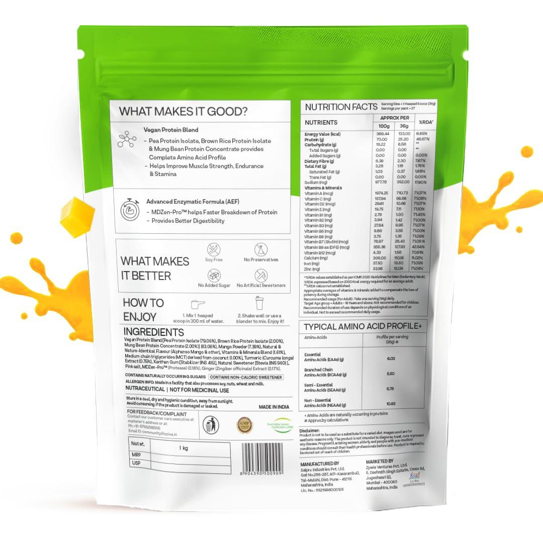 OZiva OZiva Bioactive Plant Protein for Everyday Fitness | 25g Protein - Pea Isolate | Complete Plant Protein Powder | No Added Sugar, Certified Clean & Vegan (Mango, 1kg + Shaker)
