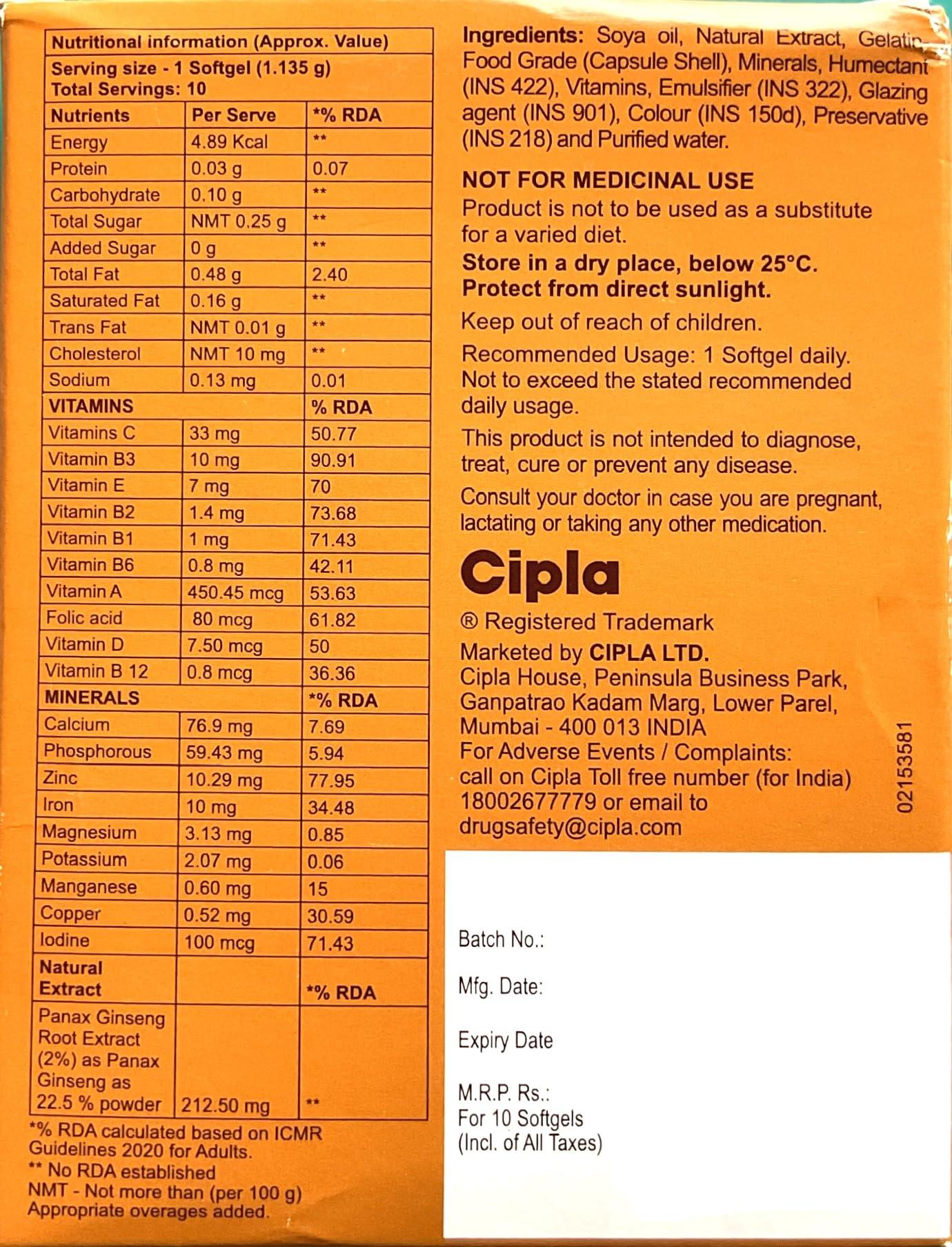 Generic Vitacip Softgels Capsules for Intense fatigue, Weakness, Lack of concentration; 10 Capsules (Pack of 3)