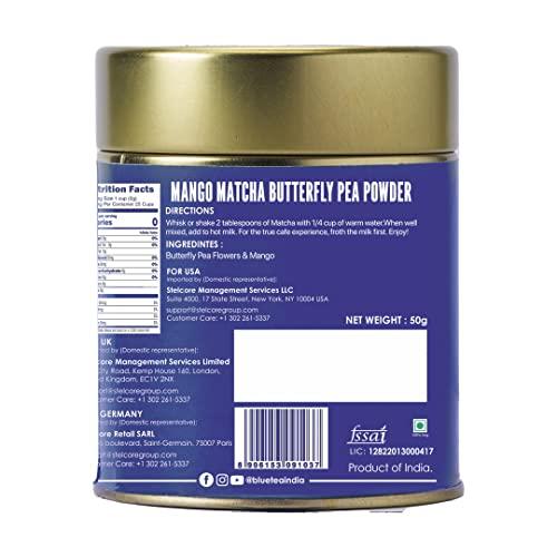 BLUE TEA BLUE TEA - Blue Mango Matcha - 50gm | FRUITY DELIGHT | Anti-Oxidant Rich - Caffeine Free | Flower Based- Herbal Tea - All Natural Ingredients - Non GMO - Vegan | Premium Tin Packaging