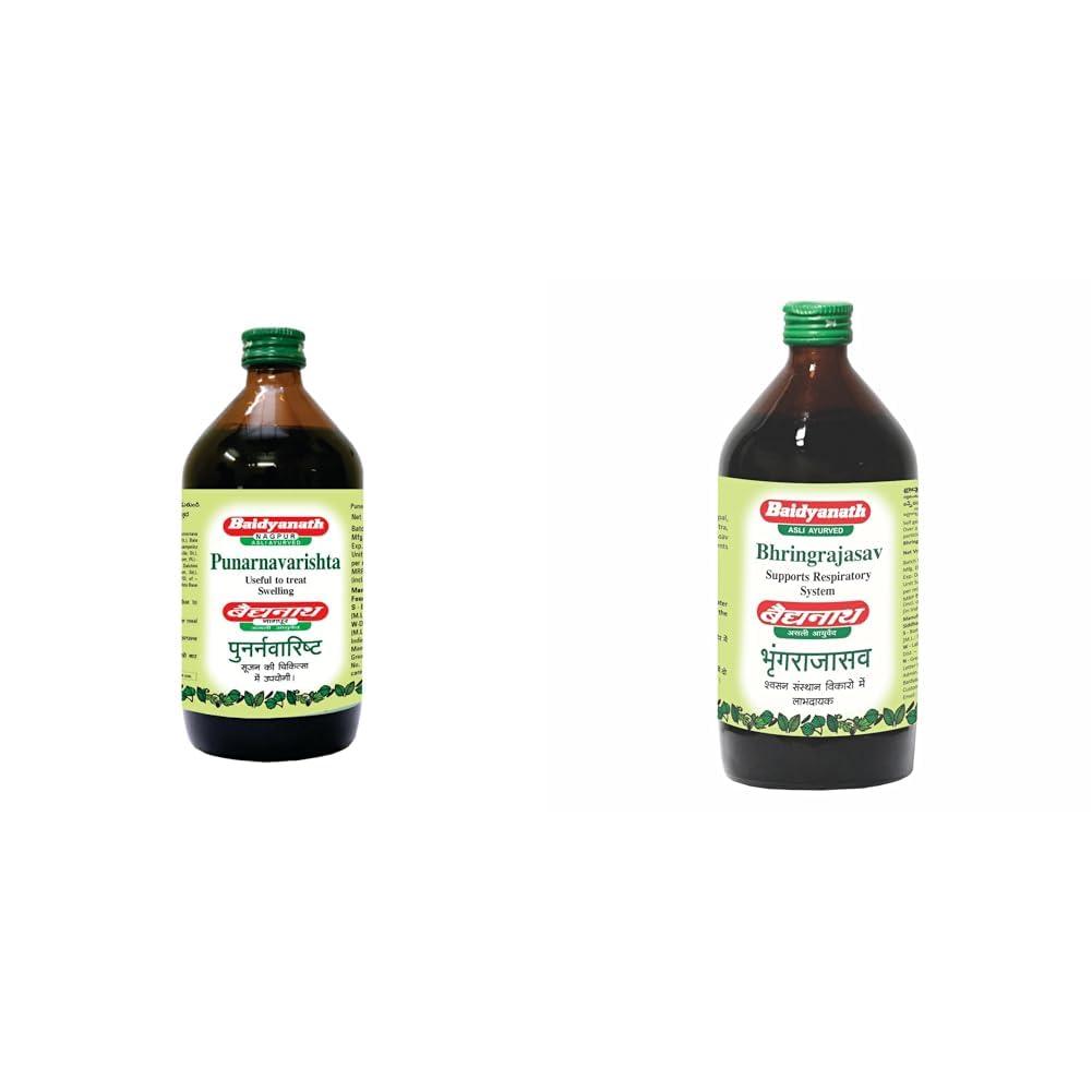 Baidyanath Baidyanath Nagpur Punarnavarishta Remedy to Relieve Oedema - 450 ml&Baidyanath Bhringrajasava 450 ml Syrup Made with Natural Ayurvedic Ingredients for Hair, Liver, Cough Health and Blood Purifer