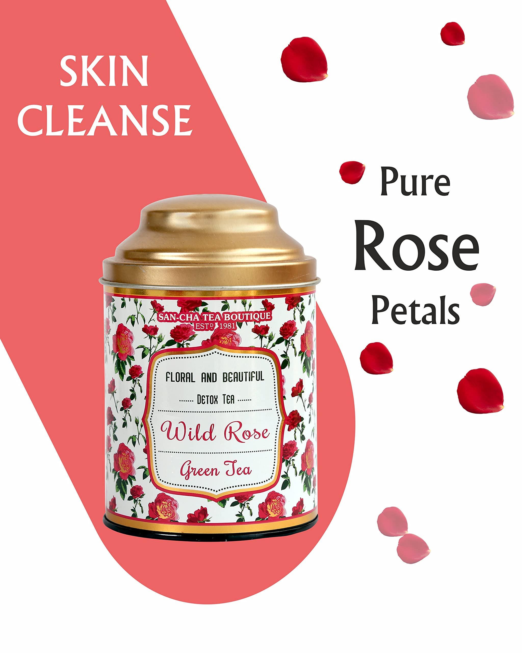 SAN-CHA SAN-CHA Tea Boutique Wild Rose Green Tea, Rose Tea (1 Gram, 100+Cups), Real Rose Petals Blend, 100% Rainforest Alliance Certified, Immunity