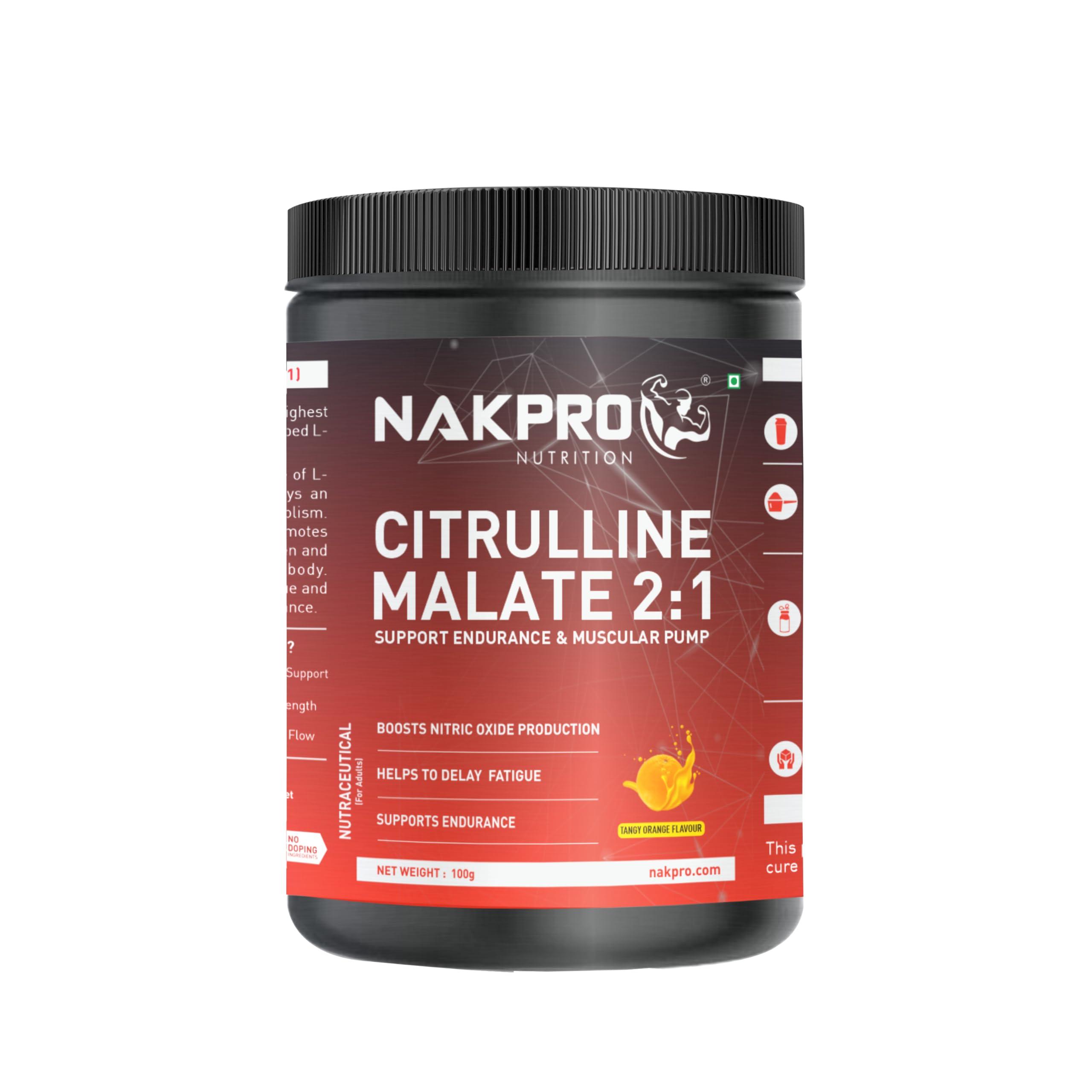 NAKPRO NAKPRO Citrulline Malate Powder-Jar | 2g Citrulline Per Serving | Supports Endurance & Muscle Strength | Easily Dissolve (Tangy Orange, 100g)