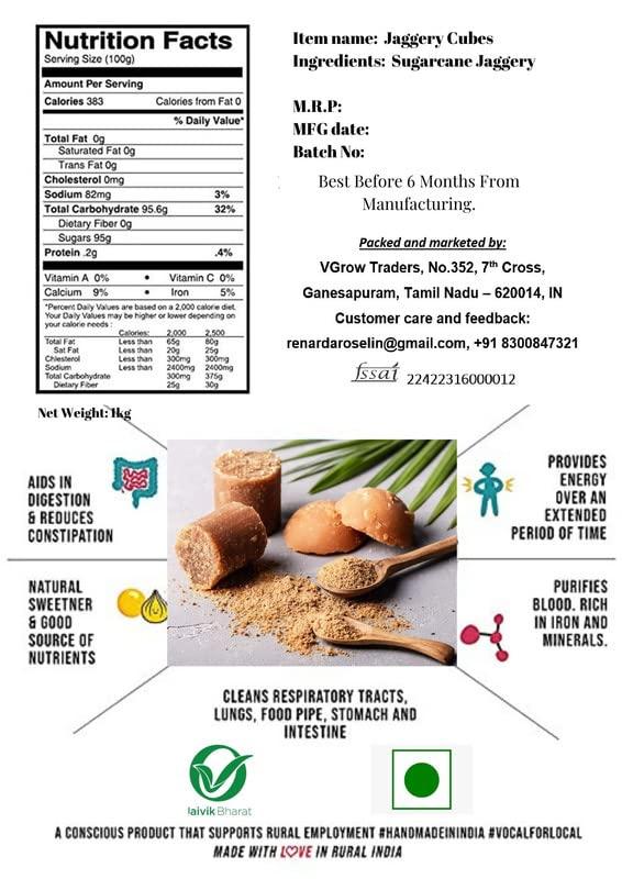 VGrow Traders Organic Jaggery Cubes (500g x Pack of 5) by VGrow Traders