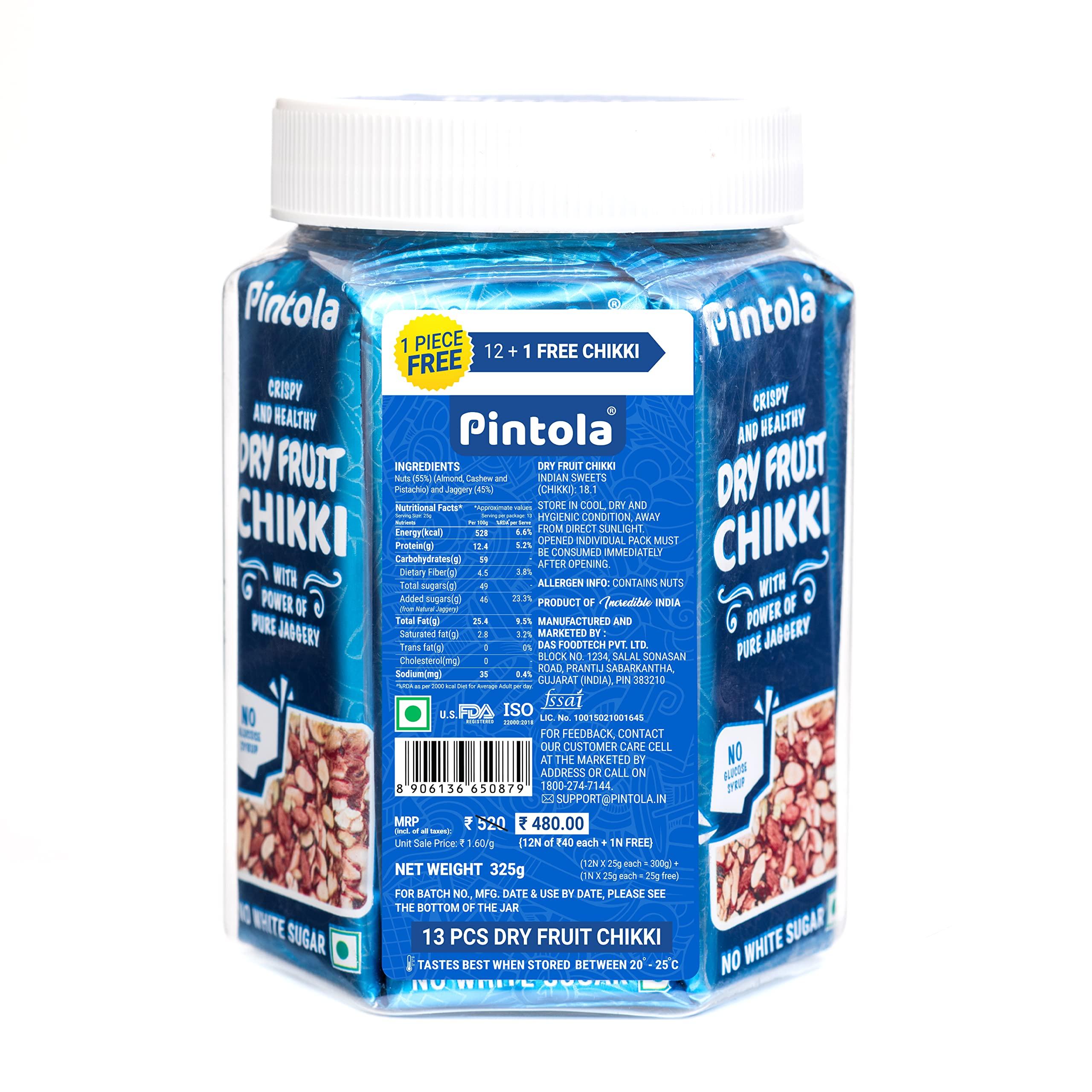 Pintola Pintola Dry Fruit Chikki Jar | Pack of 13 pcs | Dry Fruit Bar,Made with Jaggery | No Glucose Syrup | No Preservatives | Gluten Free | Indian Sweets | Gajak | (25g Each x 13N = 325g)