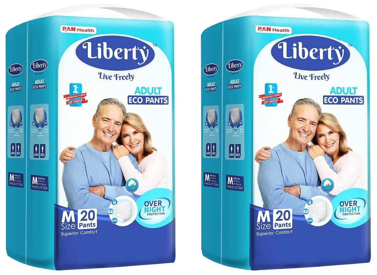 Liberty Liberty Eco Adult Diaper Pants, Medium (M) Size, 20 Count, Waist Size (61-115cm | 24-45 inches), Unisex, High Absorbency, Leak Proof, Overnight Protection, Pack of 2