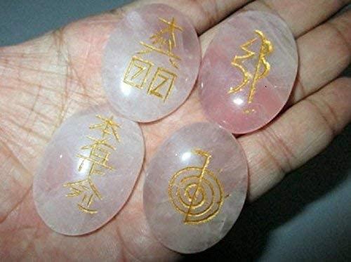 ASTROGHAR Astroghar Natural Rose Quartz 4 Reiki Symbols Engraved On Healing Oval Stones Set Usui Reiki Healing Set for Grid Making