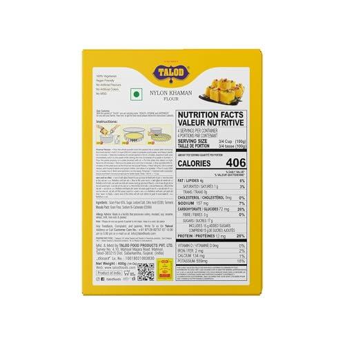 TALOD Talod Instant Mix Nylon Khaman (Pack of 2 * 400 g) | 100% Vegetarian, Wheat Gluten Free, Vegan Friendly, No Preservative, No Artificial Flavours, No Artificial Colors, No MSG