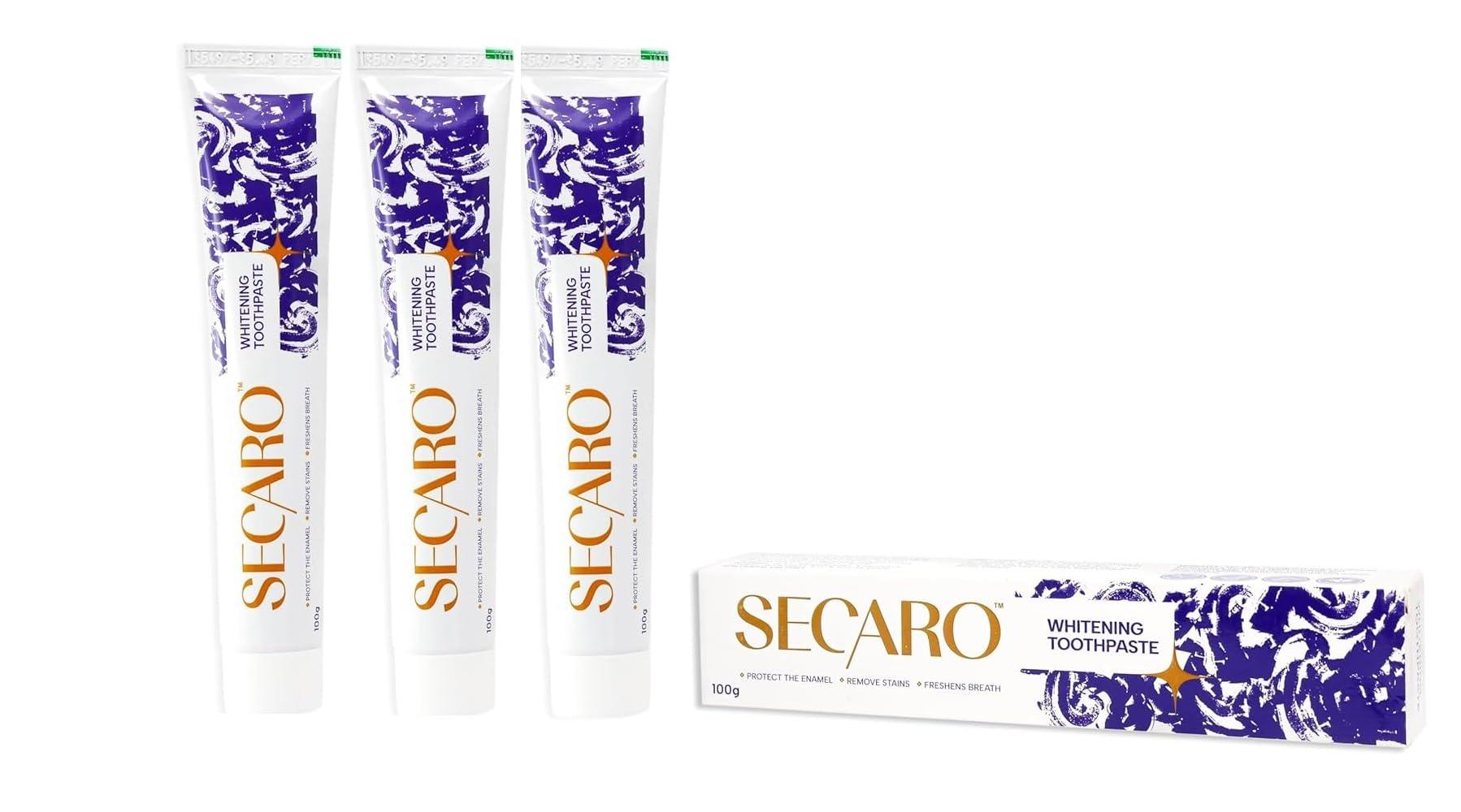 Secaro Secaro Teeth Whitening Toothpaste | Pack of 3 Toothpaste for Fresh Breath | Cleans and Remove the Yellow Stains from Teeth | Cool Blue Color Toothpaste for Teeth Sensitivity | 100gm Each