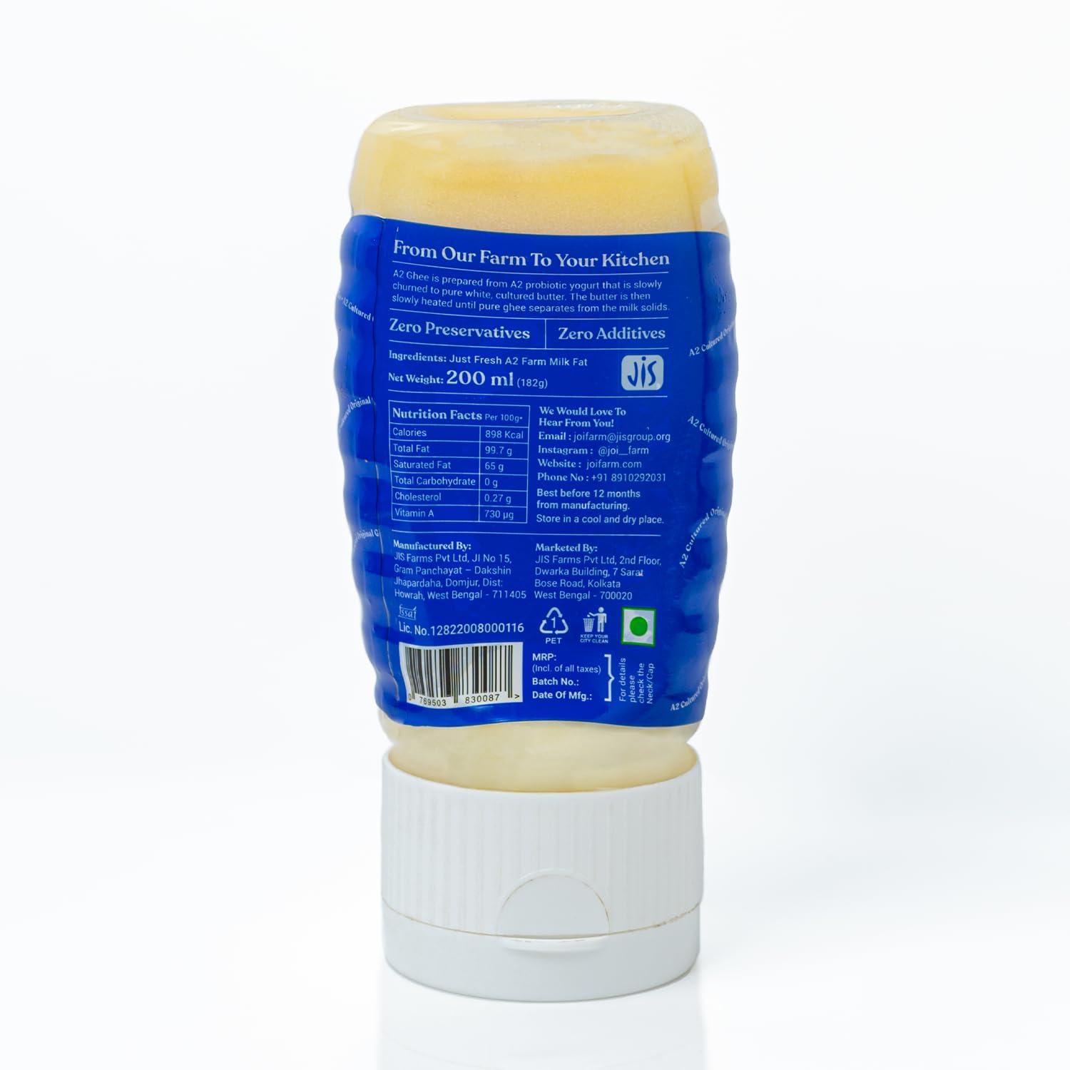 JOI JOI Farm Cultured A2 Cow Desi Ghee 200 Ml X 1 | Pure Ghee | Bilona Method | Certified, Farm-made, Healthy, Curd Churned & Non Adulterated