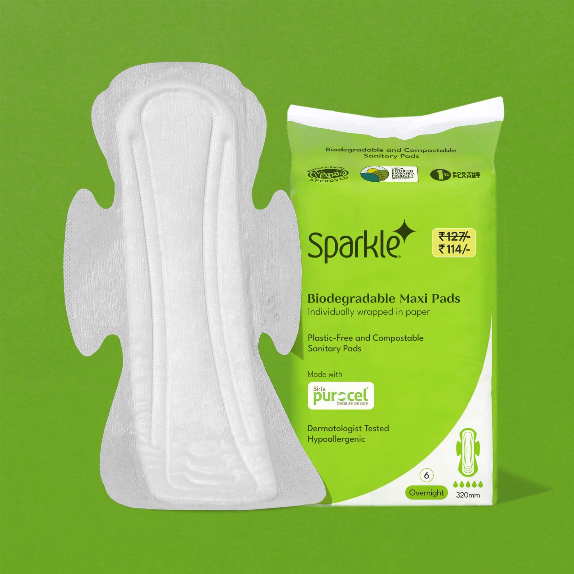 Sparkle Sparkle Biodegradable Sanitary Pads for Women - 24 Pads (Pack of 4), Size - Overnight || Plastic-Free || Unscented || Zero Toxins || Rash-Free || Super Soft Comfortable Top Layer