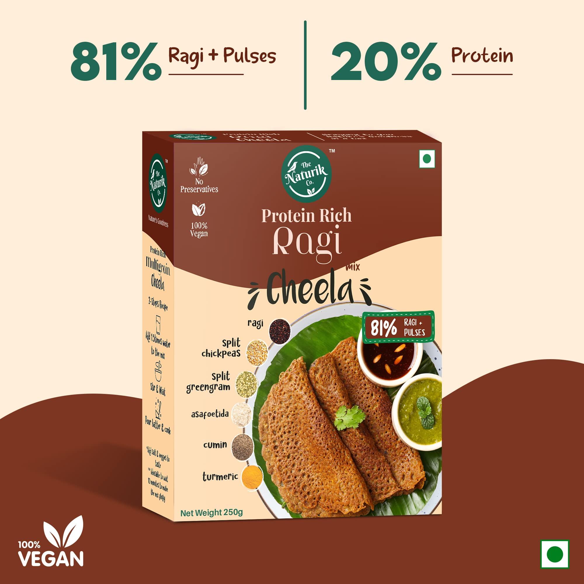 The Naturik Co The Naturik Co. Ragi Chilla Mix 250g (Pack of 4): Instant, Ready-to-Cook Cheela & Dosa Mix with 81% Ragi & Pulses, High-Protein Healthy Breakfast Option for Kids & Family.