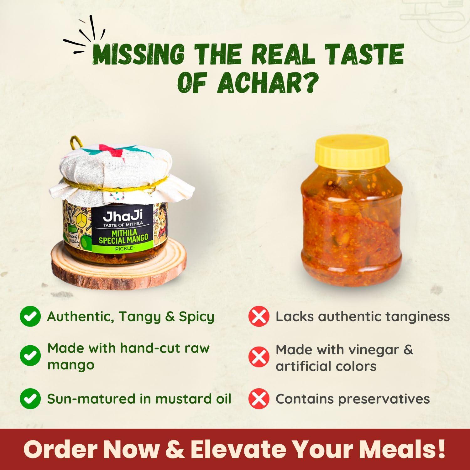 JhaJi - Taste of Mithila JhaJi - Taste of Mithila Special Mango Pickle|Bihari Style Aam Ka Achaar|Tangy & Spicy|Masaledaar & Khatta|1-Inch Mango Pieces|Sun-Dried. No Artificial Preservatives & Colors|Bihari-Style Pickle,250G