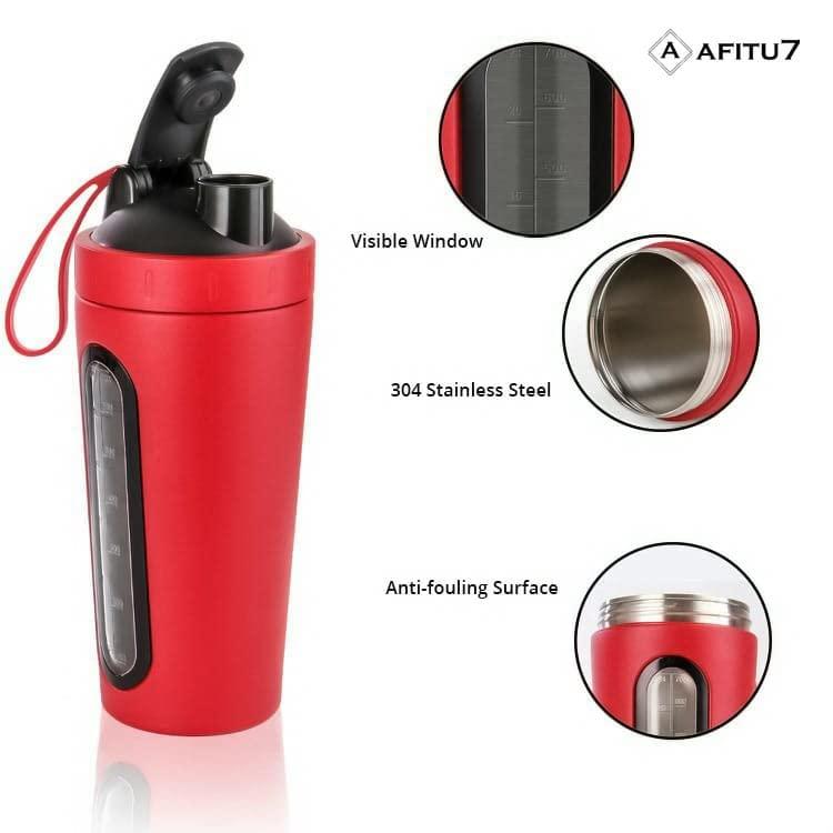 AFITU7 AFITU7 Stainless Steel Protein Shaker Bottle 750 ml, 100% Odorless & Leak-Proof Guarantee, Pre Workout and BCAAs, BPA Free Material Shaker Bottle + Mixing Ball (Red)