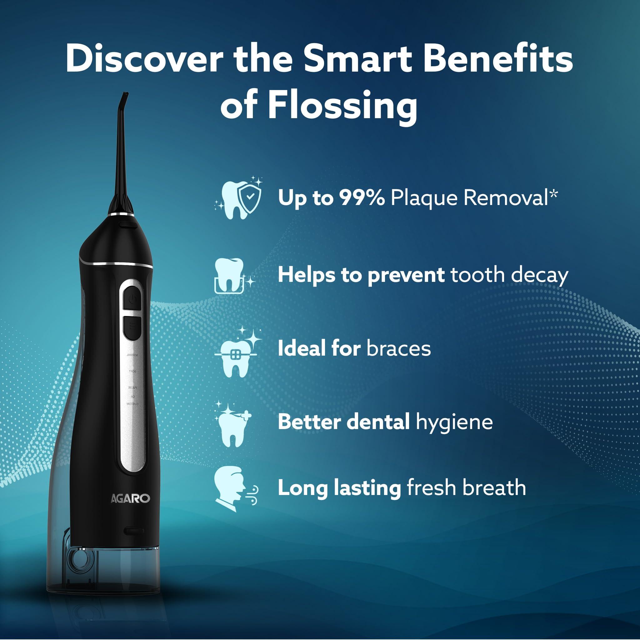 AGARO AGARO Ultra Plus Dental Flosser for teeth, Portable, Cordless & Rechargeable, 4 Cleaning Modes, IPX7 Waterproof, 300ml Water Tank, Flossing at Home & Travel, Oral Flosser, Oral Irrigator Black