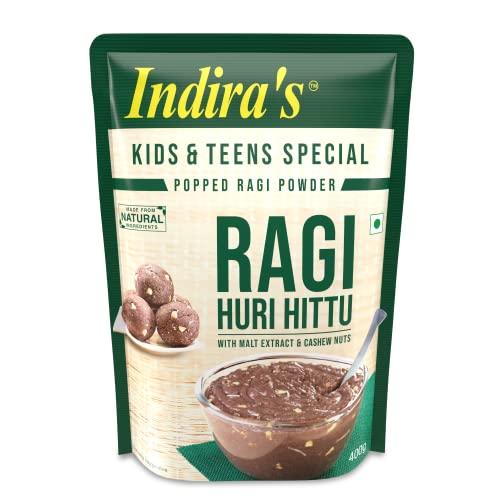 INDIRA Indira’s Ragi Huri Hittu - Teens & Kids Special, Popped Ragi Flour with Cashew Nuts, Malt, Spices (400g, Pack of 4), Ragi Malt Mix, Instant Ragi Porridge Mix, Ragi Laddu Mix