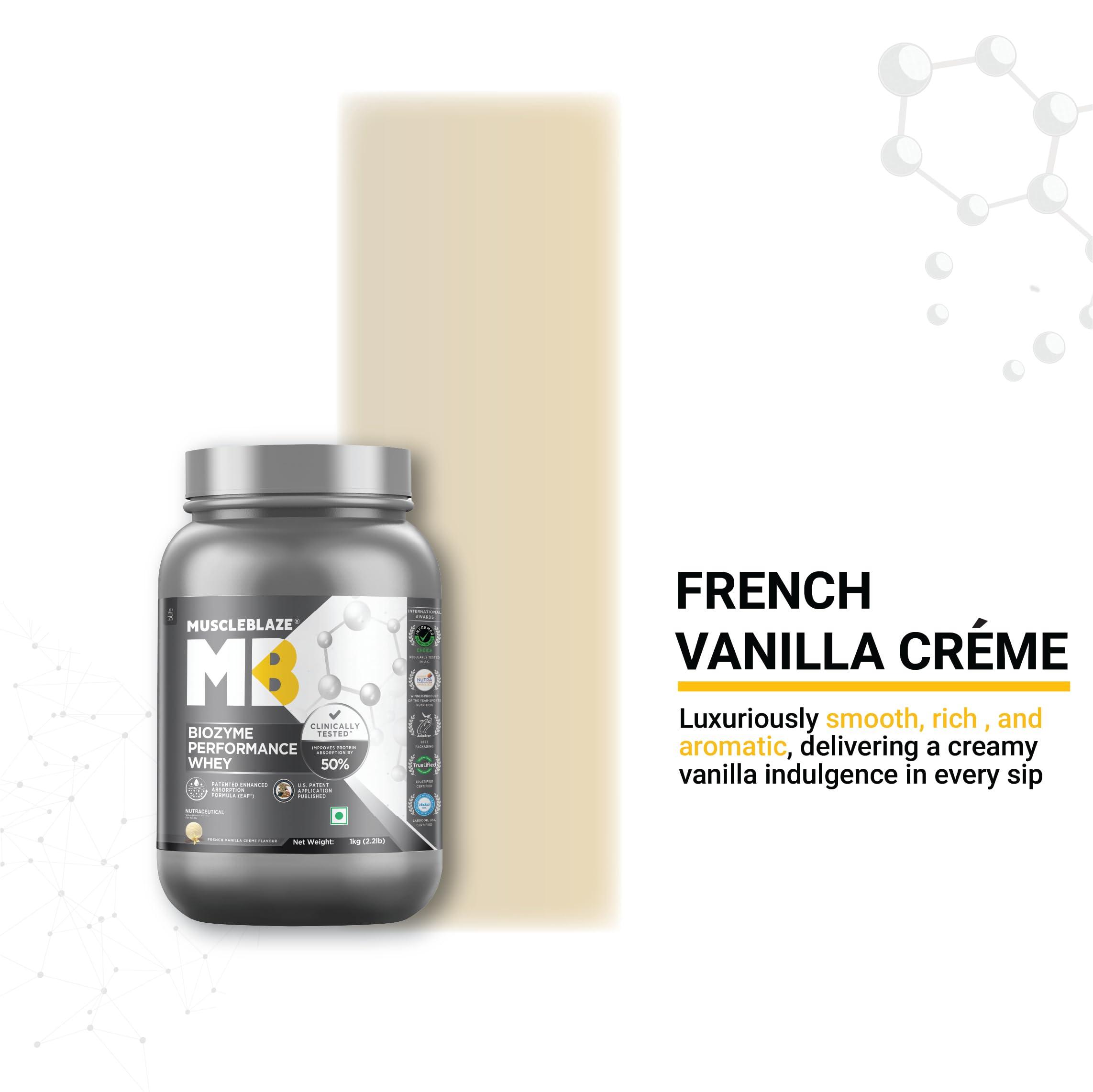 MuscleBlaze MuscleBlaze Biozyme Performance Whey Protein | Clinically Tested 50% Higher Protein Absorption | Informed Choice UK, Labdoor USA Certified & US Patent Filed EAF (French Vanilla Crme, 1 kg / 2.2 lb)