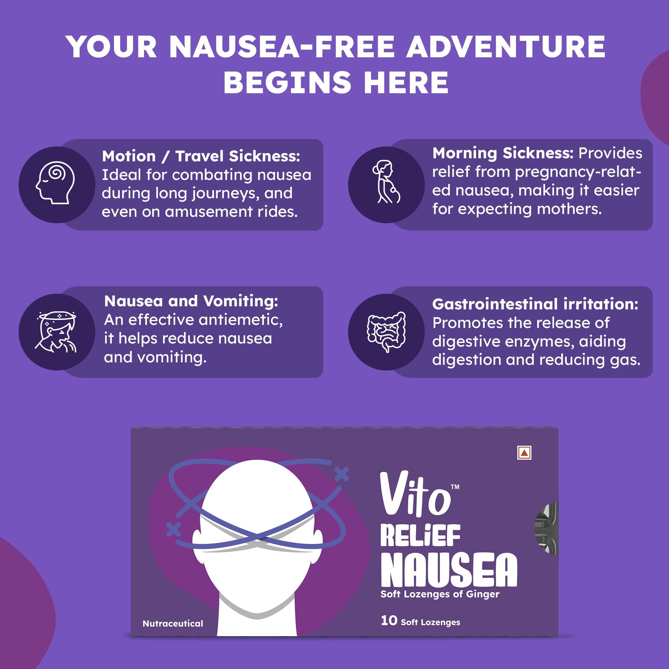 Vito Relief Vito Relief Nausea Ginger Lozenges -Instant relief from Travel Sickness, Dizziness, Nausea & Morning Sickness with natural ingredients, drug free, 10 soft sugarfree lozenges (Pack Of 1)