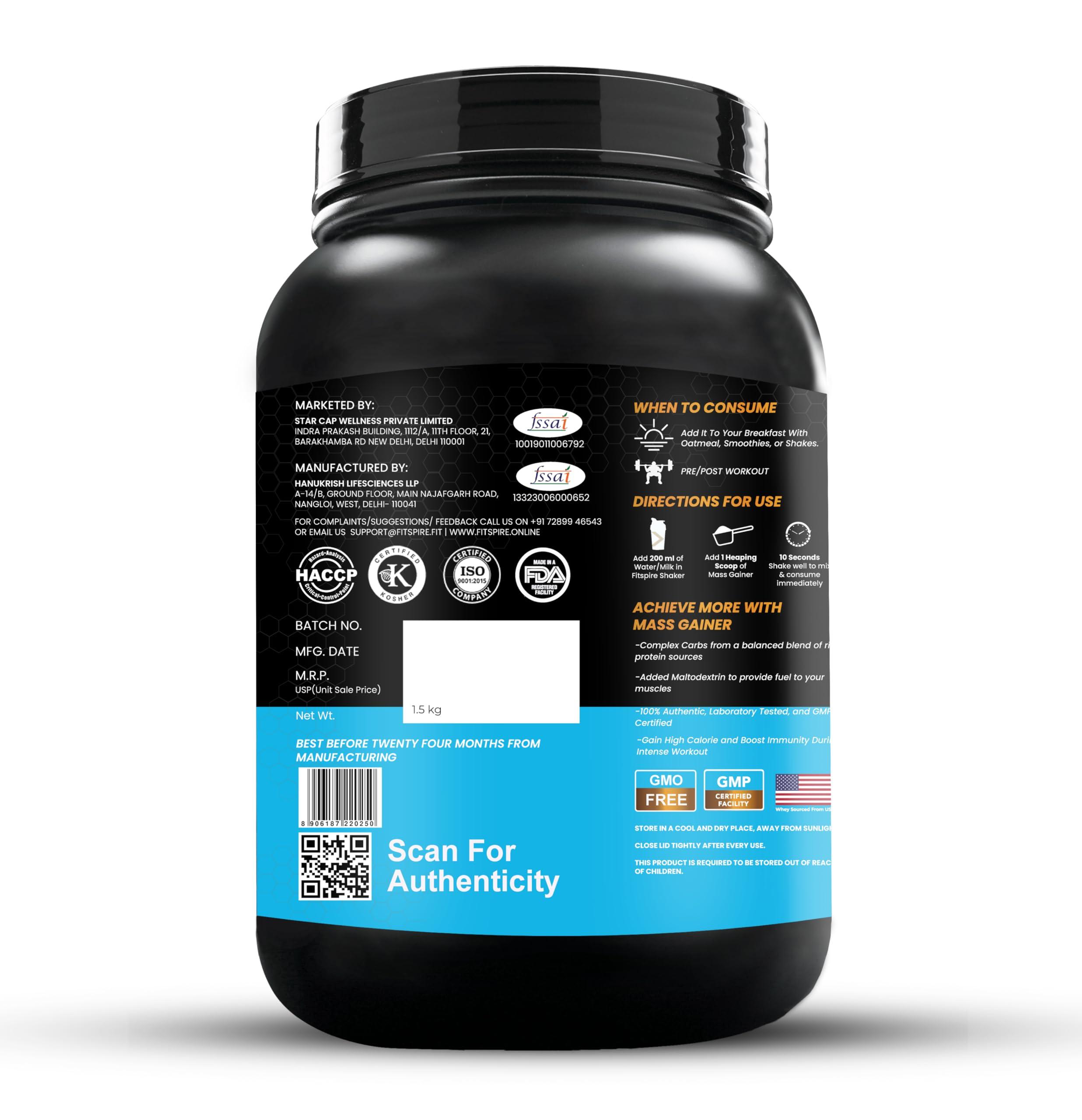 Fitspire Fitspire Mass Gainer Whey Protein with Caramel Banana Flavour, | 9g Protein per 100g scoop | 90.13g Carbs |1.5kg 15 Serving