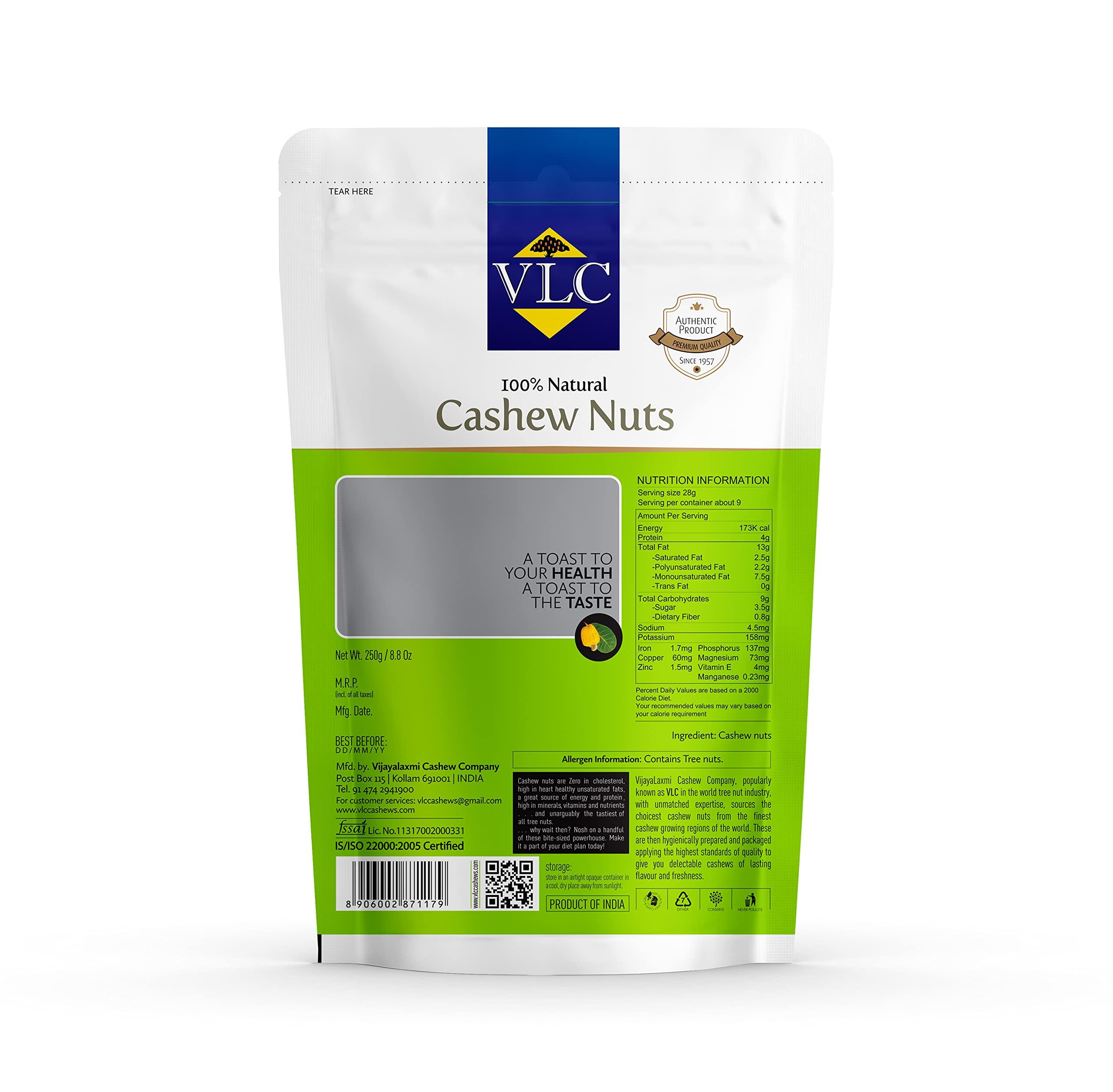 VLC Natural Unroasted Premium Large Size Cashews W240 Grade 250gms