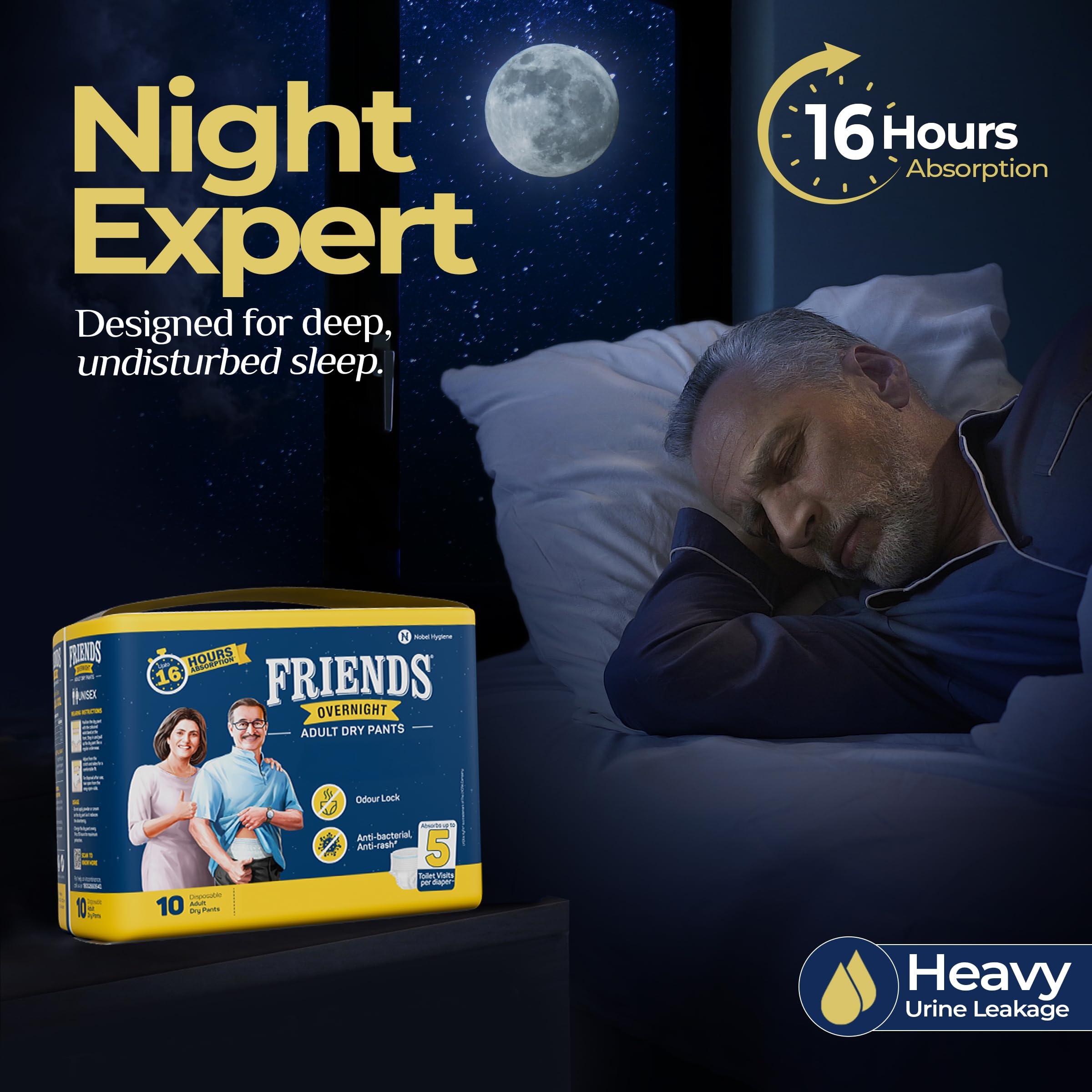 Friends Friends Overnight Adult Diapers Pants Style - 40 Count (Large) with odour lock, Unisex, Leakproof, Elastic Waist and Anti-Bacterial Absorbent Core - Waist Size 30-56 Inch; 76-142 cm