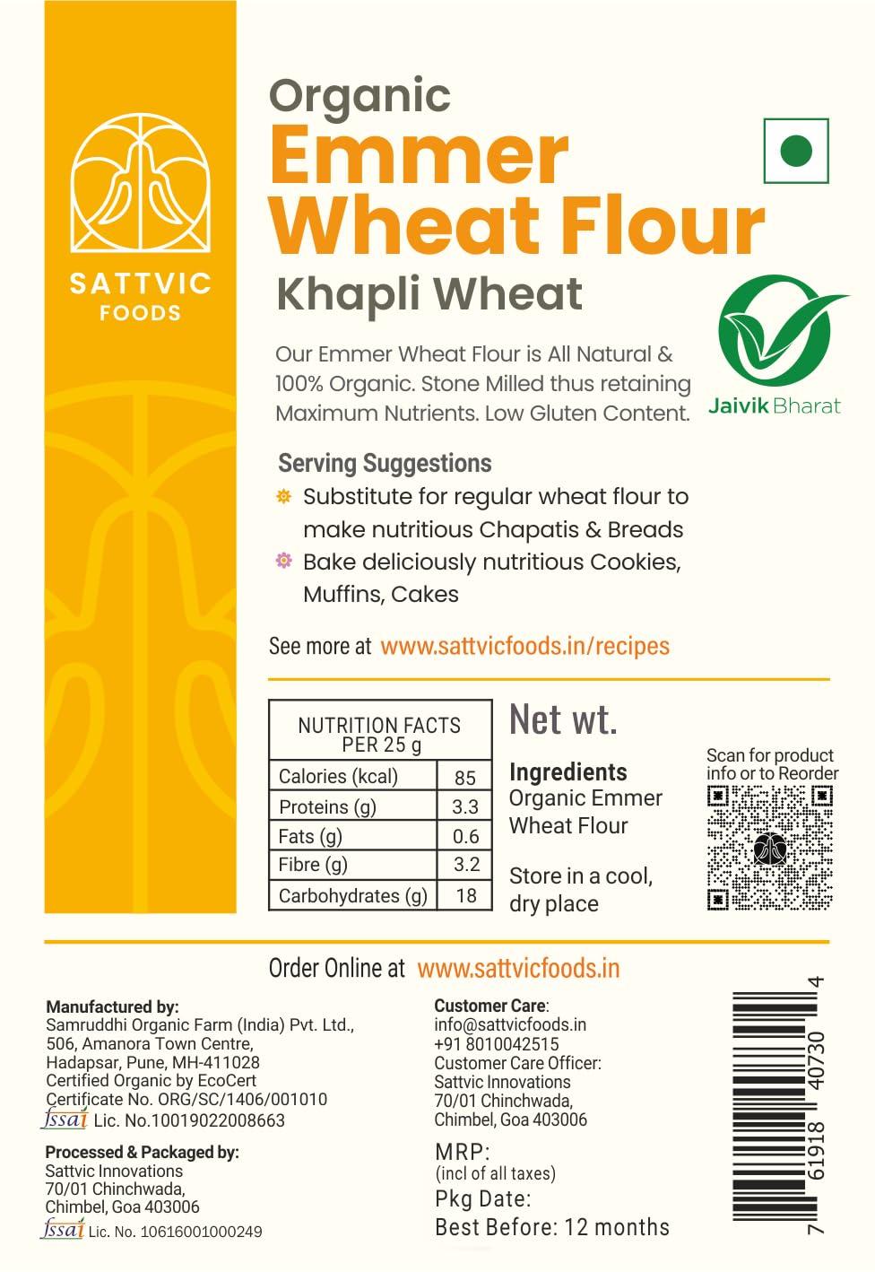 Sattvic Foods Sattvic Foods Emmer Wheat Flour (Khapli Atta)(900g) Organic Certified Ancient Grain | Low Gluten, Fibre & Protein Rich | Aids in digestion | Substitute for regular wheat flour, Make Roti, Baked goods