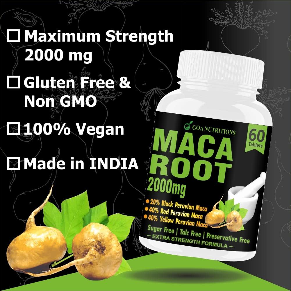 GOA NUTRITIONS GOA NUTRITIONS Maca Root Extract Adaptogen Complex Red, Black and Yellow Grade, As Dietary Supplement, No Sugar, Preservatives, And Talc -60 Tablets (Pack 1)