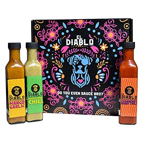 El Diablo Sauces All Natural Ingredient Gluten Free Spicy Hot Starter Sauces Combo Mango Garlic + Smoked Green Chili + Cranberry Ghost Chili Pack of 3