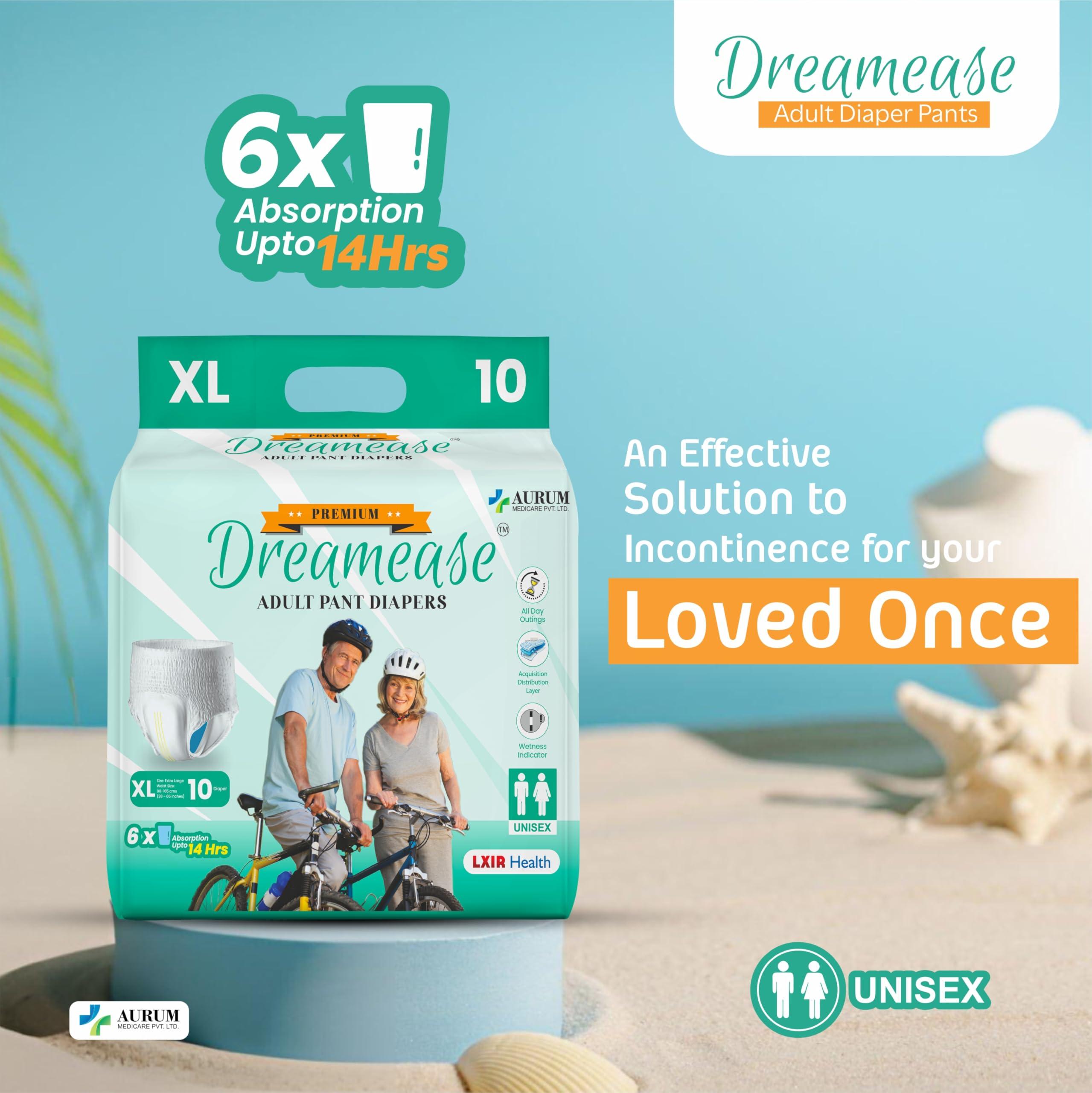 Dreamease Dreamease Adult Diapers Pants Style | Medium Size (M) Waist (61-115 Cm | 24-45) | 6X Super Absorbency Upto 14 Hrs | Unisex with Wetness Indicator | 10 Units. (XL)