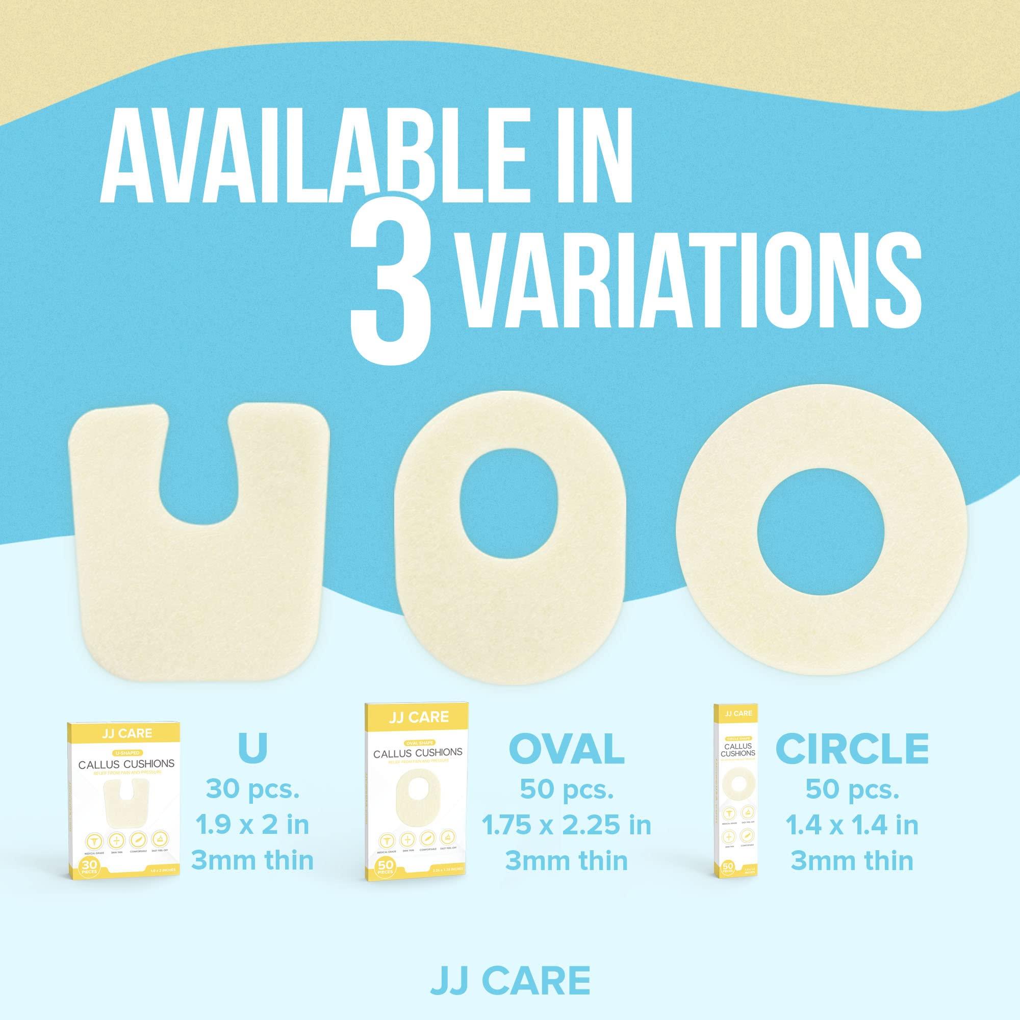 JJ CARE [Box of 50] Callus Cushions, Oval Callus Pads for Feet, Soft Felt Callus Pads for Pain Relief & Foot Care, Self-Adhesive Foot Callous Cushions, Medical Grade Callous Protector