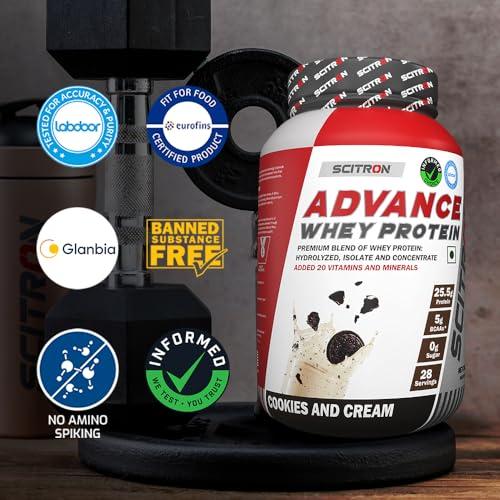 SCITRON Scitron Advance Whey Protein 1Kg Cookies and Cream (28 Servings, 25.5g Protein, 5g BCAAs, 0g Sugar, 20 Vitamins & Minerals) Certified by Labdoor, USA | Sourced from Glanbia Nutrition | Certified by Informed Choice