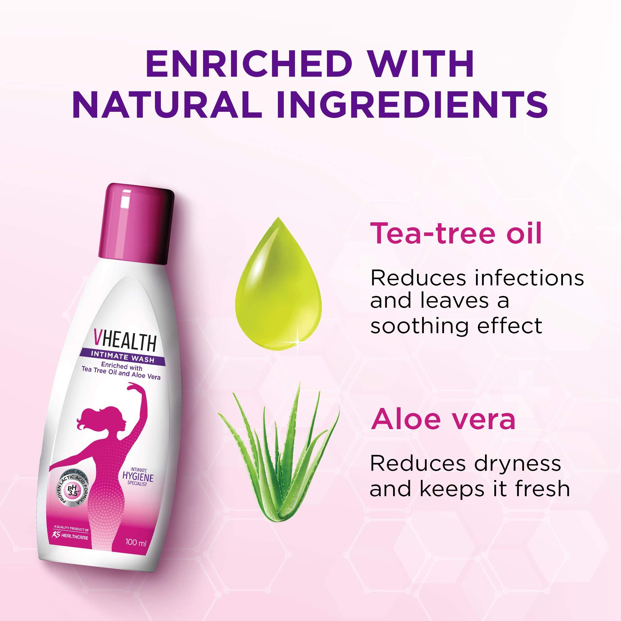 VHealth VHealth Intimate Hygiene Liquid Wash with Tea Tree Oil & Aloe Vera, Prevents Dryness, Itchiness & Irritation, Bad Odour, Balances PH, Paraben/Sulfate Free, Clear, 100 ml