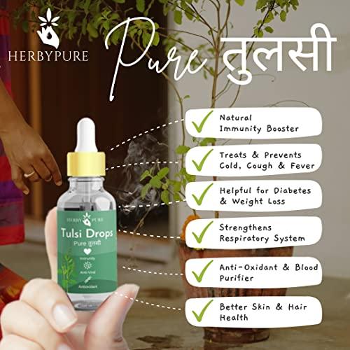 Herby Pure Herby Pure Panch Tulsi Ark Drops | Made of 5 Types of Rare Tulsi | For Immunity, Cough & Colds, Anti-Oxidant & Blood Detox | 100% Natural Drops | Pack of 2-60ML