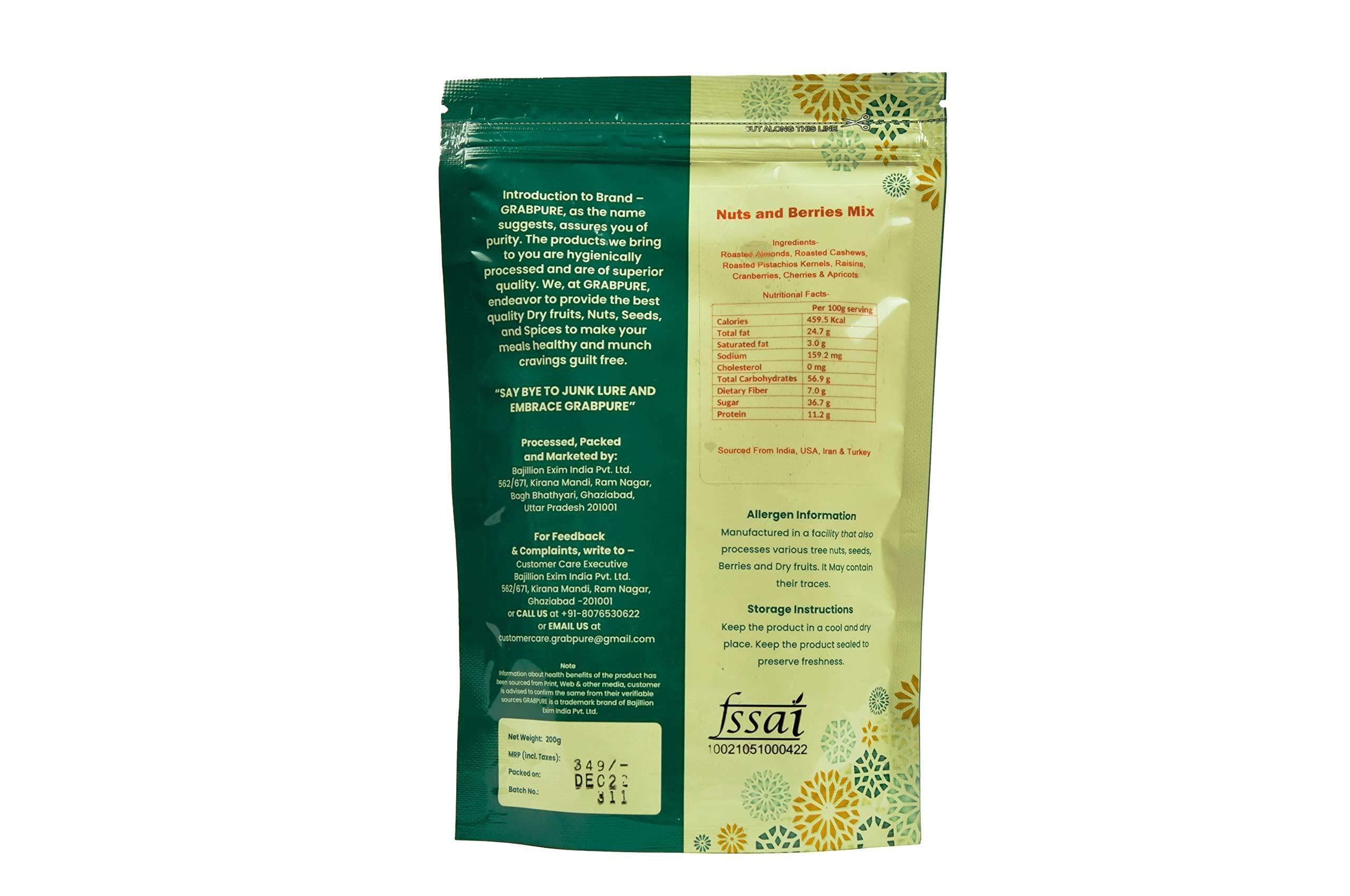 GRABPURE GRABPURE Nuts & Berries Mix Dry Fruits Nutritious Healthy Snack | Almonds, Apricots, Cashews, Cranberries, strawberries, Pistachios, Raisins | 200g Each (Pack of 2)