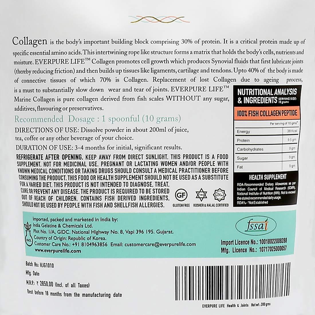 EVERPURE LIFE Everpure Life Korean Hydrolysed Marine Collagen - Sustainably sourced Type I Collagen Peptides for Immunity, Stronger Muscles and Joints and Better Gut Health - No added sugar/flavouring - 200 Gm