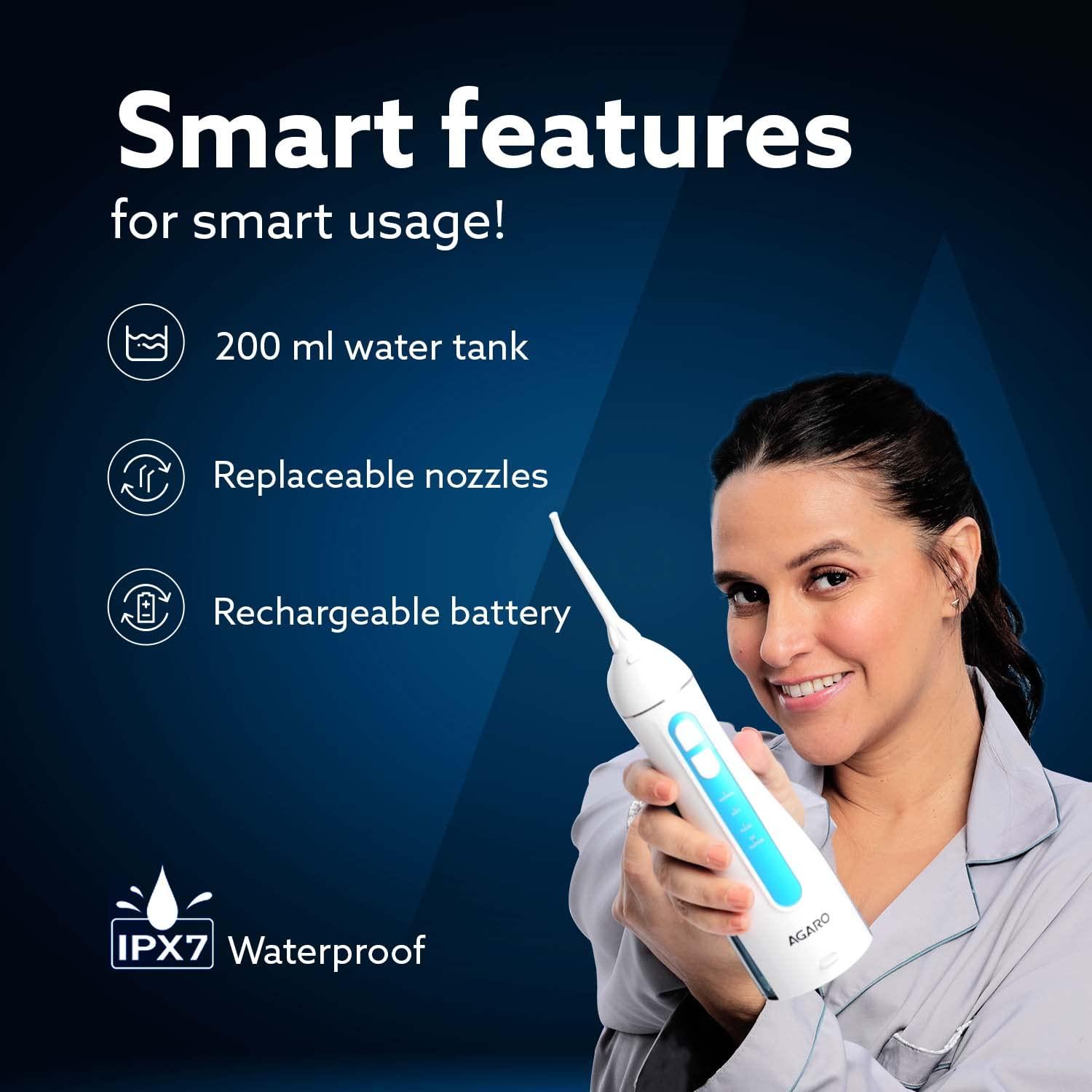 AGARO AGARO Ultra Plus Portable Dental Flosser for teeth, 5 Nozzles, Portable,Cordless & Rechargeable,4 Cleaning Modes,IPX7 Waterproof with 200ml Watertank, Flossing at Home & Travel,Oral Flosser,Oral Irrigator