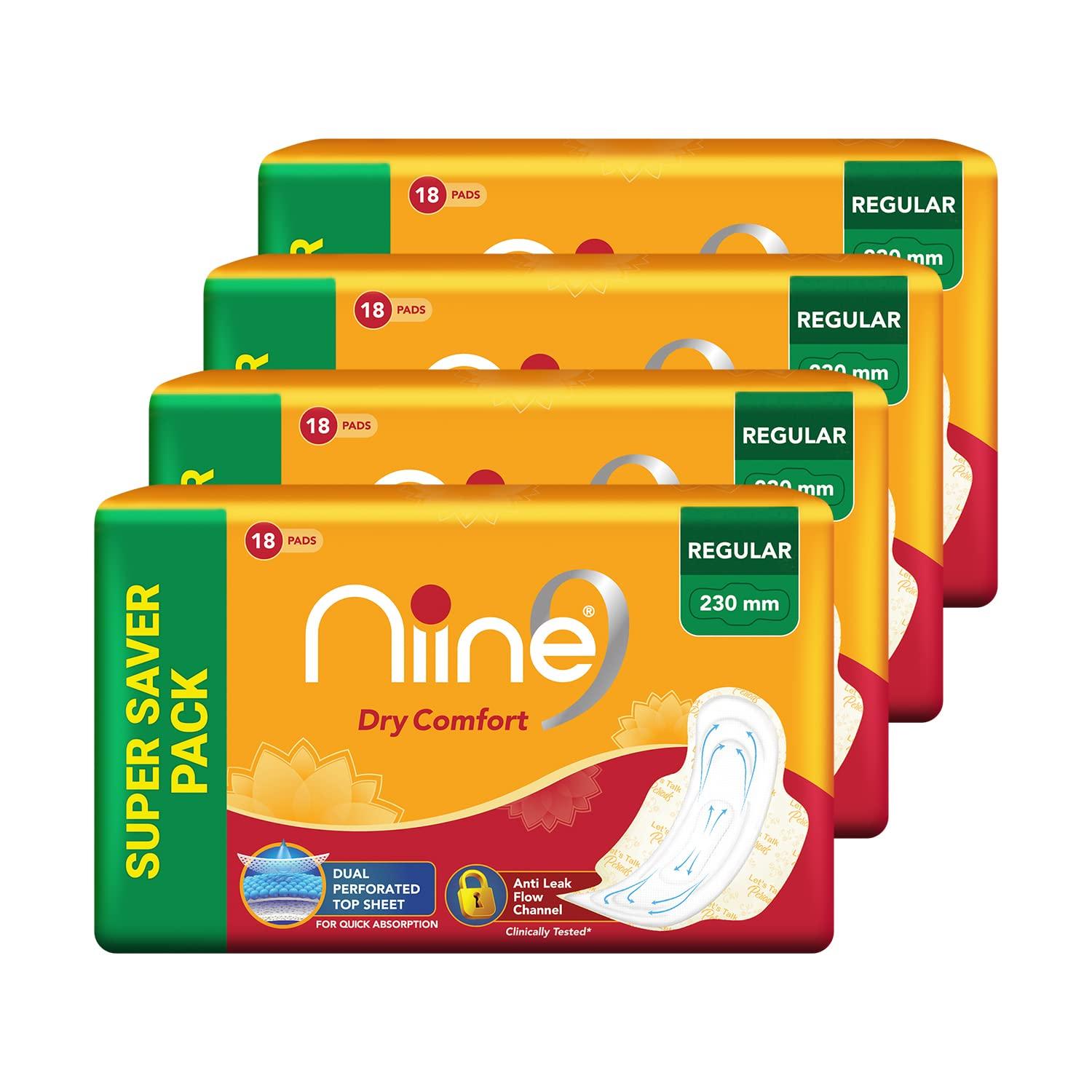 NIINE NIINE Dry Comfort Regular Sanitary Napkins for women, (Pack of 4) 72 Pads