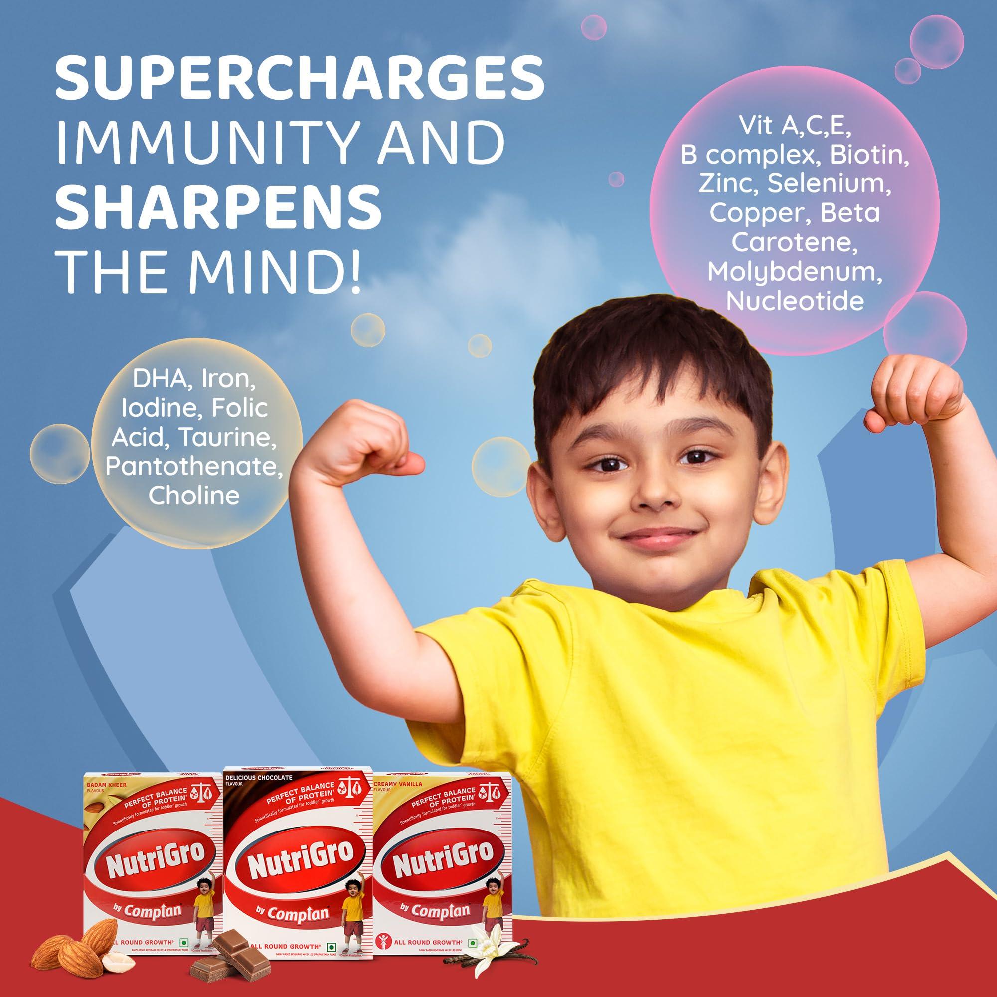 NutriGro By Complan Complan Nutri Gro Nutritious Drink For Kids (2 To 6 Years), Milk Based Drink With 33 Essential Vitamins & Minerals (400G Pack Of 1) - Delicious Chocolate, Powder