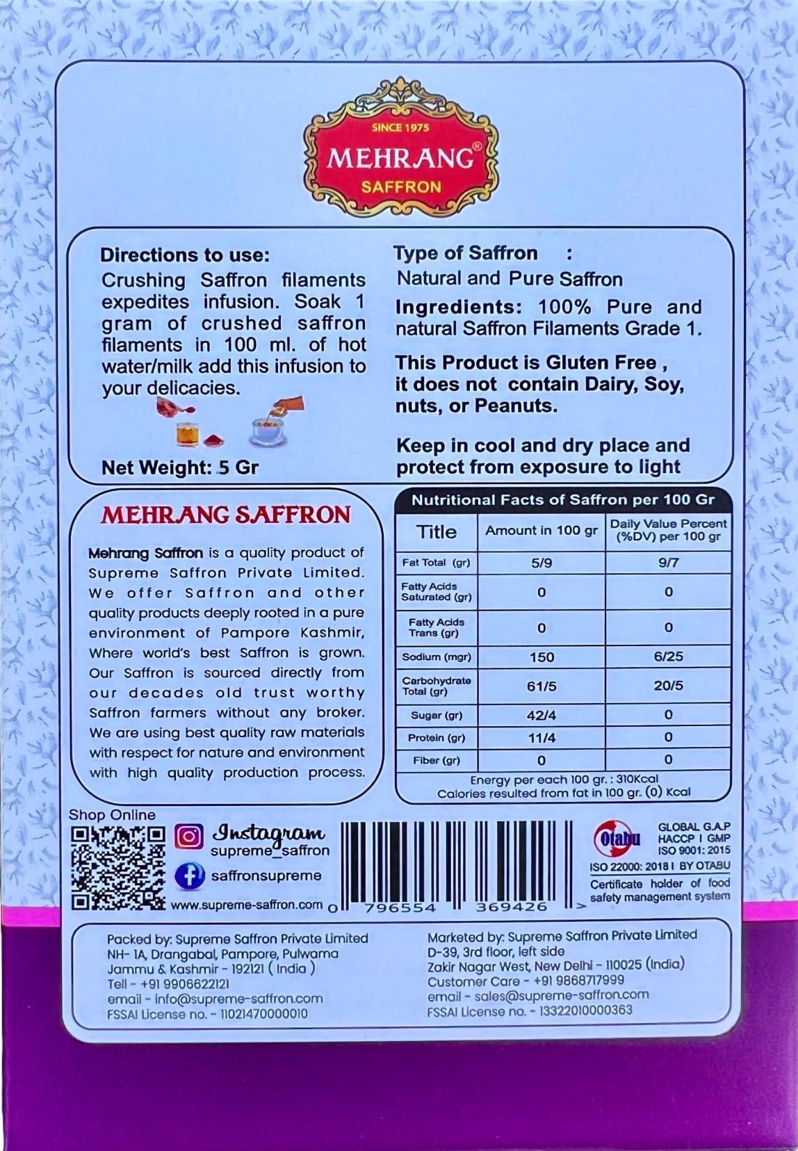 Mehrang Mehrang Saffron Original Kashmiri 5 Grams | Kashmir Kesar | Keshar | A+++ Grade Luxury Quality | Grown in Saffron Farms of Pampore | ISO 9001:2015, 22000-2018, HACCP, GMP Certified | Pack of 1
