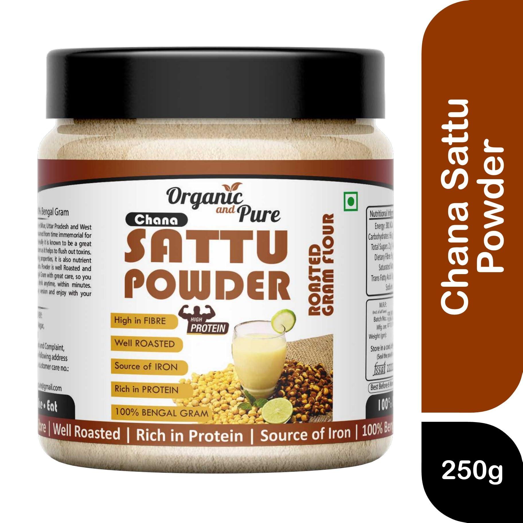 Organic and Pure Organic and Pure Chana Sattu Powder | Chana Ka Sattu | Roasted Gram Flour for Drink, Weight Gain, Protein, Muscle Gain (Jar Pack) (150g)
