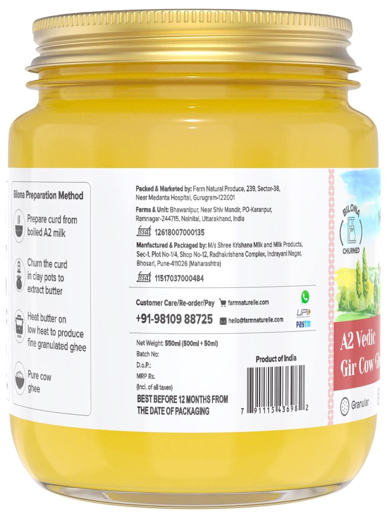 Farm Naturelle Farm Naturelle A2 Pure Gir Cow Ghee 500ml + 50ml Extra In Glass Bottle | Extra Wooden Spoon | 100% Desi Gir Cow Ghee | Vedic Bilona Method-Curd Churned-Golden | Lab Tested Grainy & Aromatic, Keto Friendly | Non-GMO Grassfed, Premium & Traditional Ghe