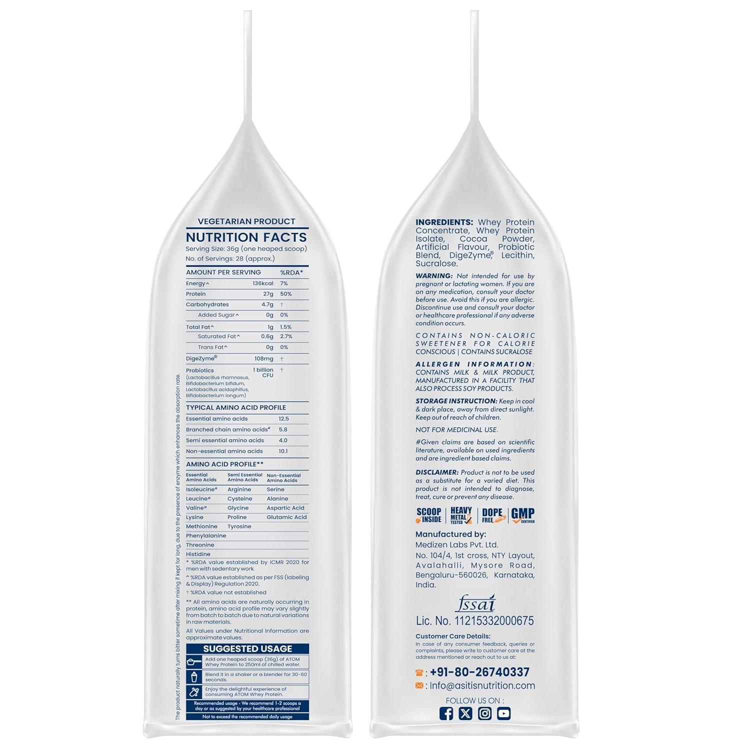 Asitis Nutrition ATOM Whey Protein Double Rich Chocolate 1kg+ AS-IT-IS Creatine 100g (Combo Pack)