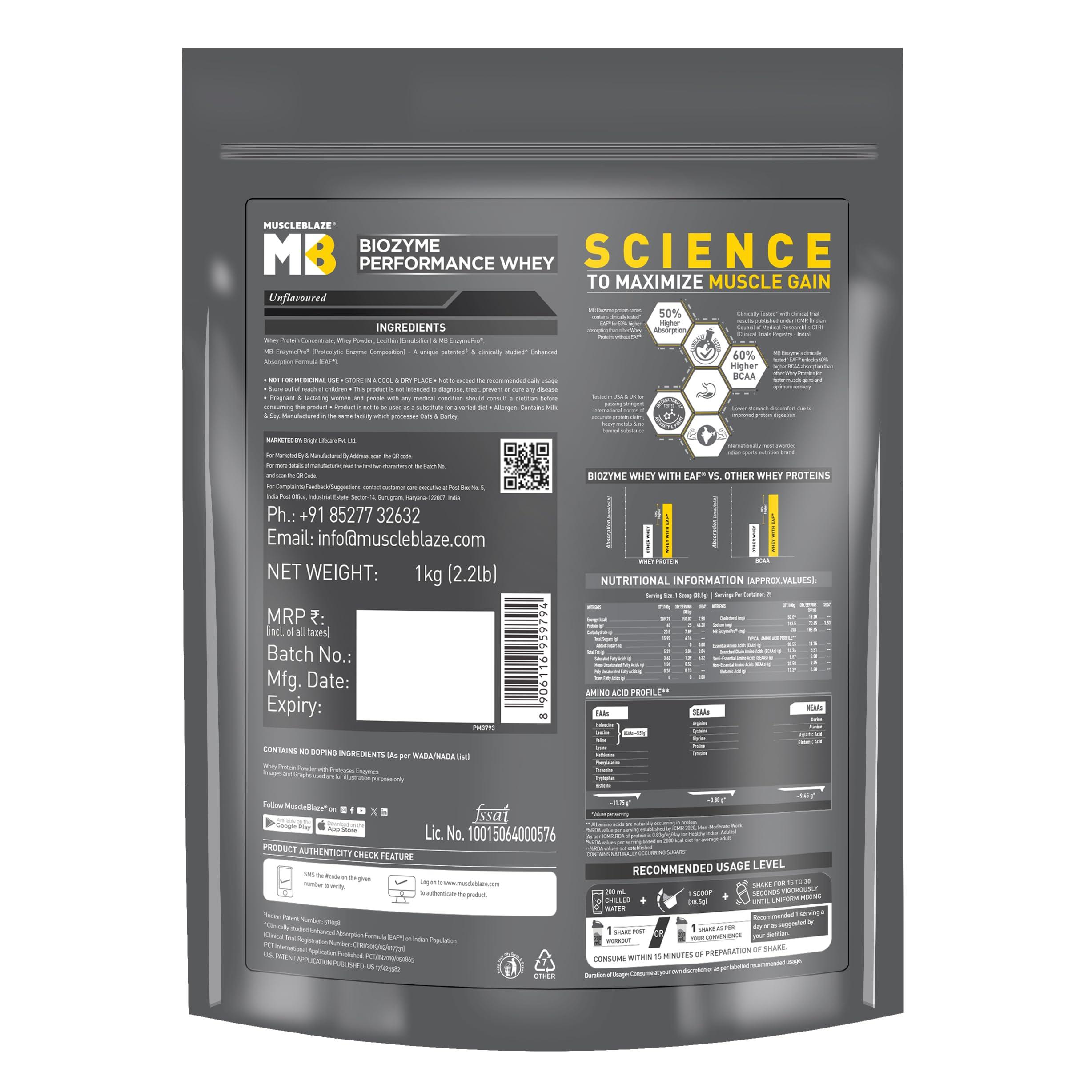 MuscleBlaze MuscleBlaze Biozyme Performance Raw Whey Protein | Clinically Tested 50% Higher Protein Absorption | Informed Choice UK, Labdoor USA Certified & US Patent Filed EAF (Unflavoured, 1 kg / 2.2 lb)