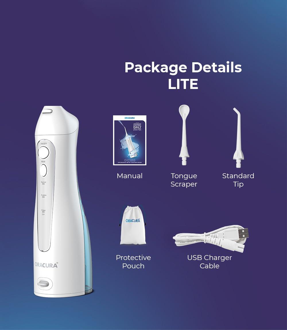 ORACURA ORACURA Smart Water Flosser OC150 LITE with 150ml water tank capacity White | Portable & Rechargeable | IPX7 Waterproof | 3 Modes | Flossing at Home and Travel | 365 Days Warranty