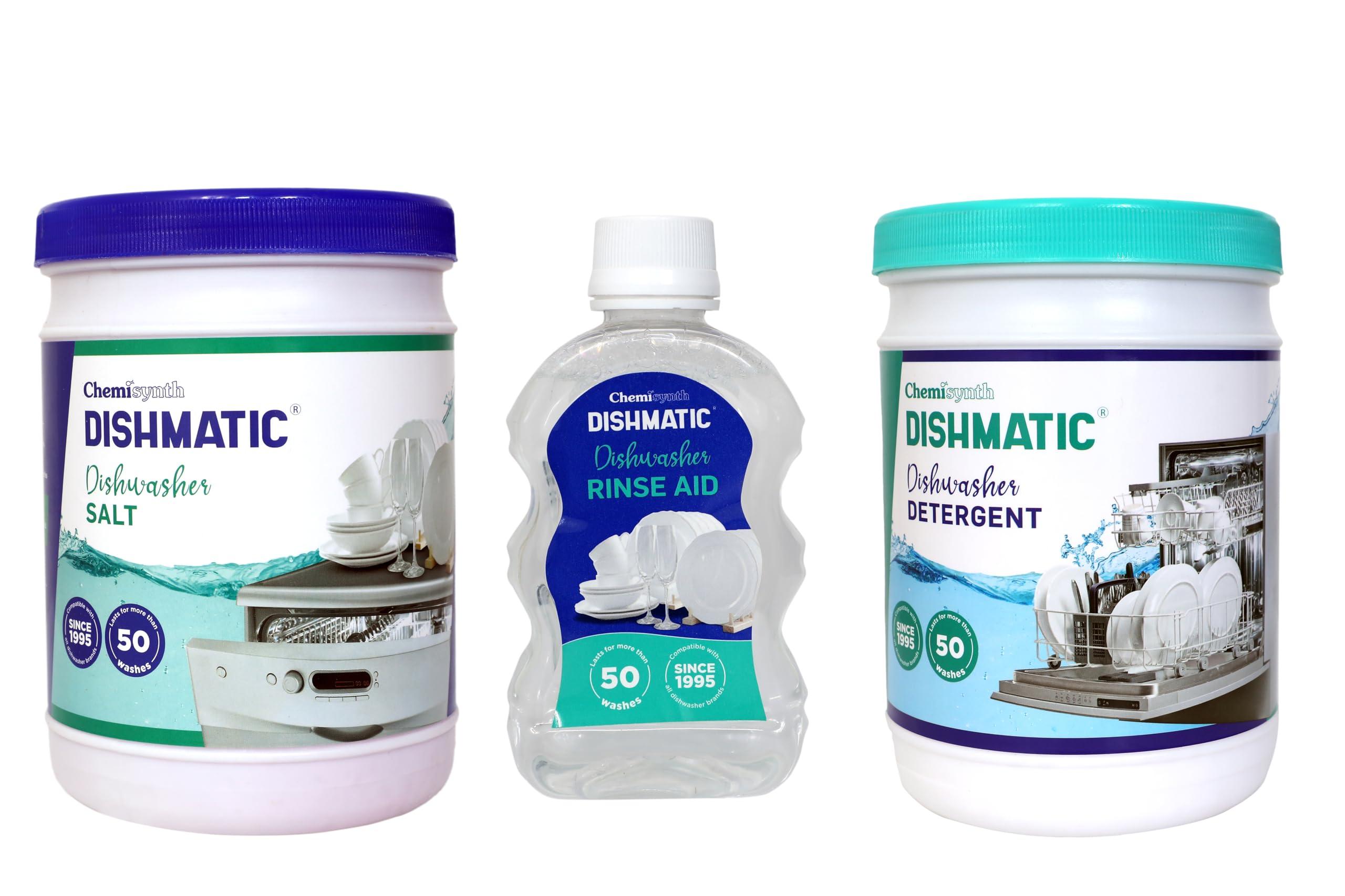 Dishmatic Dishmatic Dishwasher Detergent, Salt and Rinse Aid (1 kg * 1kg * 250 ml) | Automatic Dishwashing Powder & Liquid Combo Pack | Compatible with All Dish Washer Machine