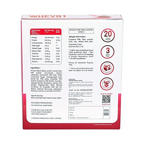 WHEY91 Whey91 Protein Bar | 20g Protein & 3g Fiber per Bar | Whey Protein |Immunity Booster Lactoferrin | No Artificial Flavours | Pack of 6 Bars- 360g (Strawberry Splash)
