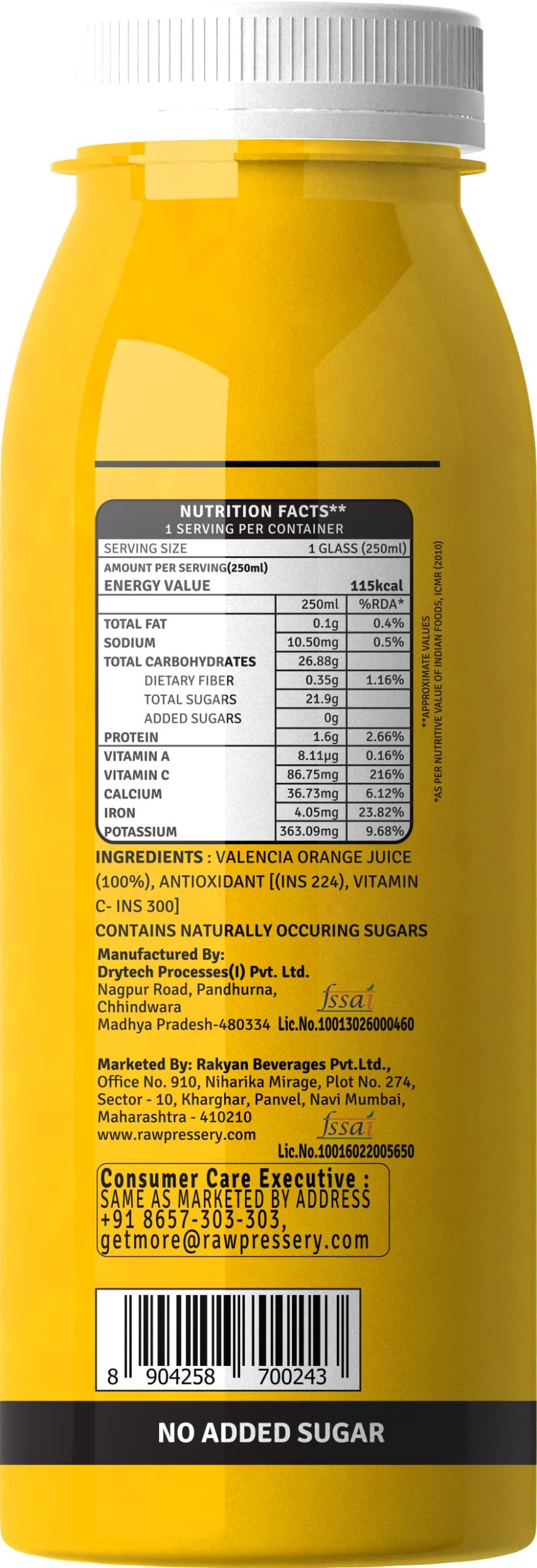 Raw Pressery Raw Pressery Valencia Orange Juice (12 x 250ml) Rich in Vitamin C, Natural Energizer & Immunity Booster, Healthy Juice, No Added Sugar